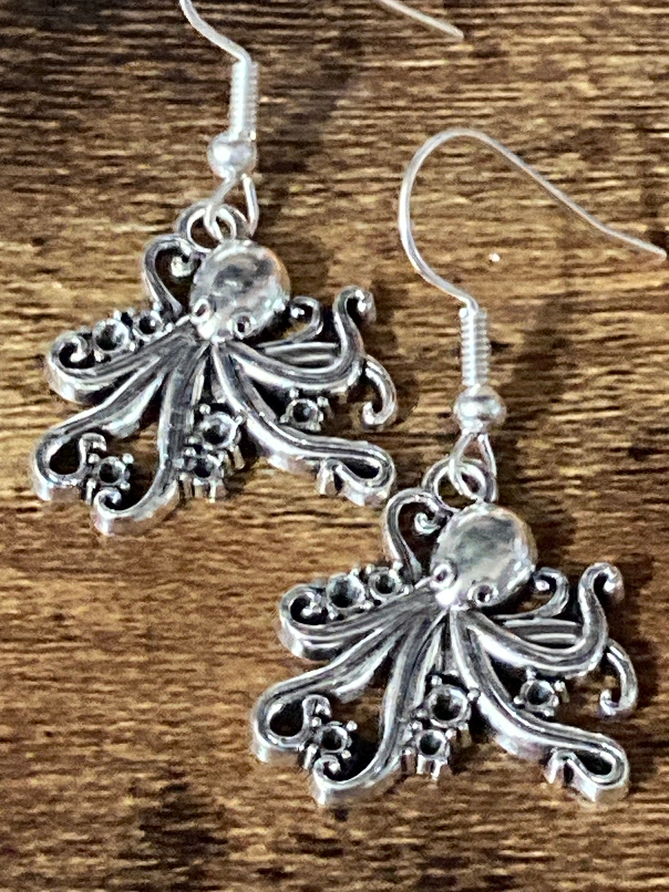 Nautical marine octopus silver tone drop earrings