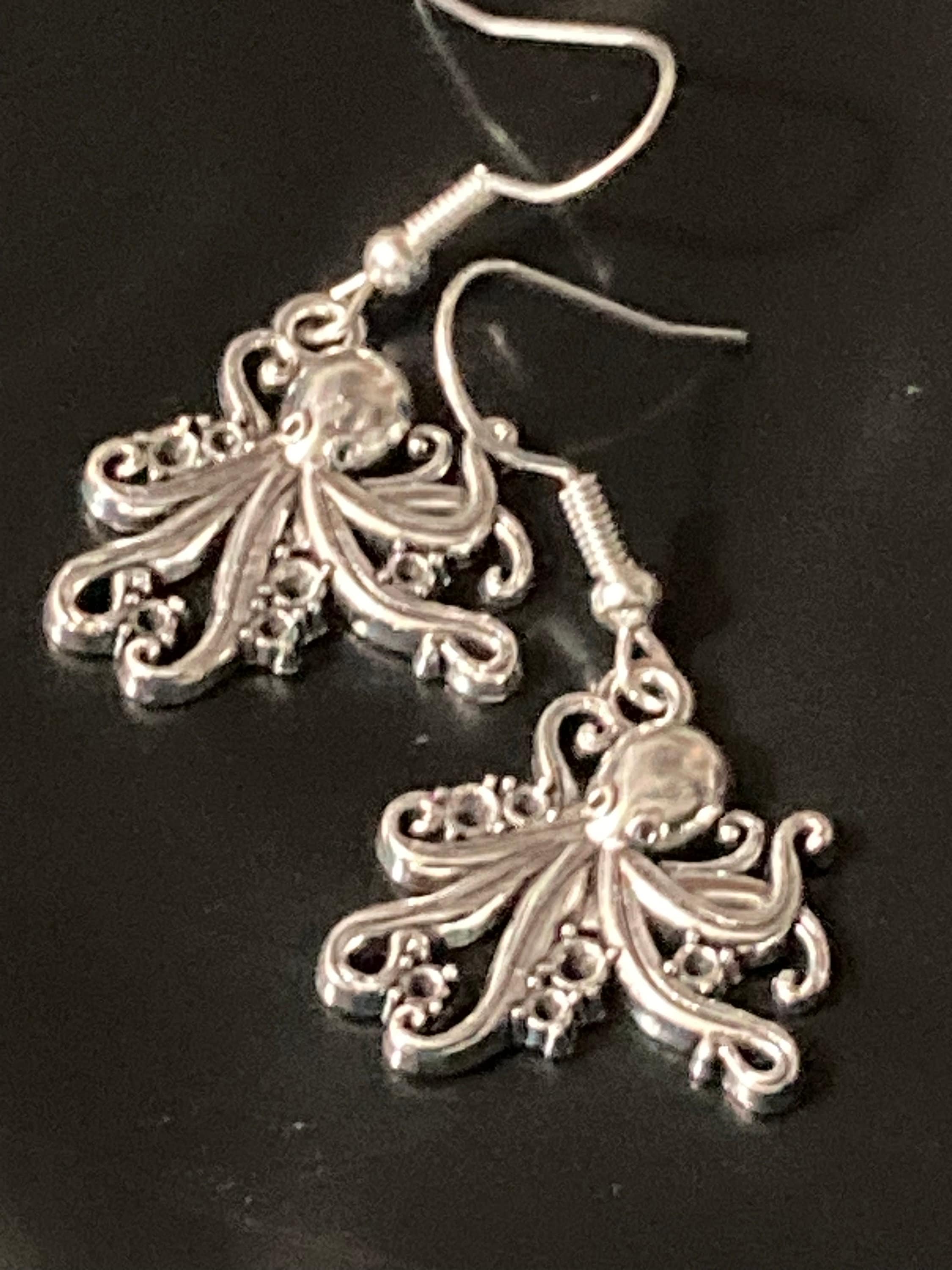 Nautical marine octopus silver tone drop earrings