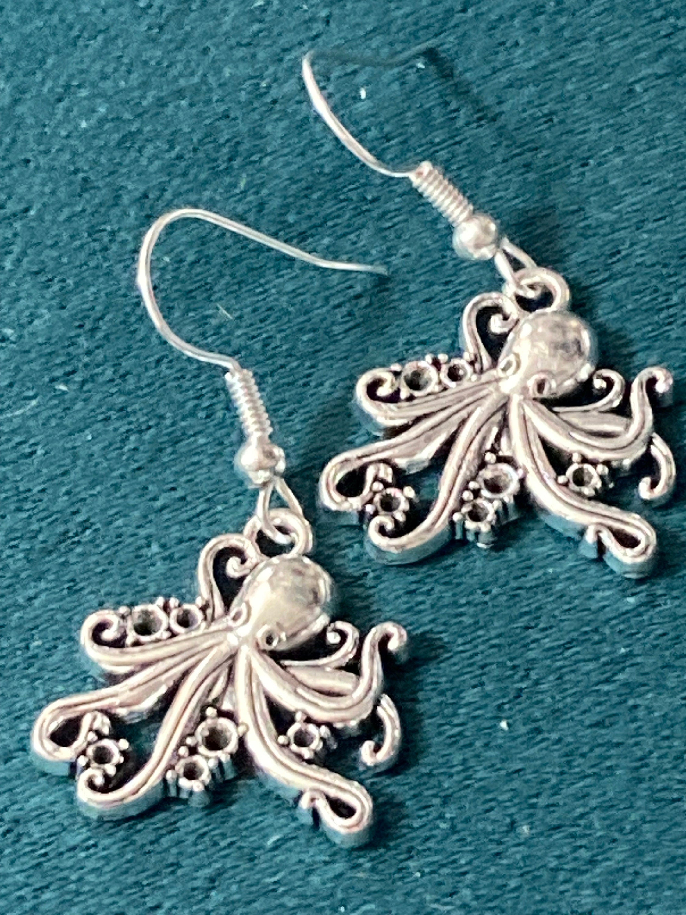 Nautical marine octopus silver tone drop earrings