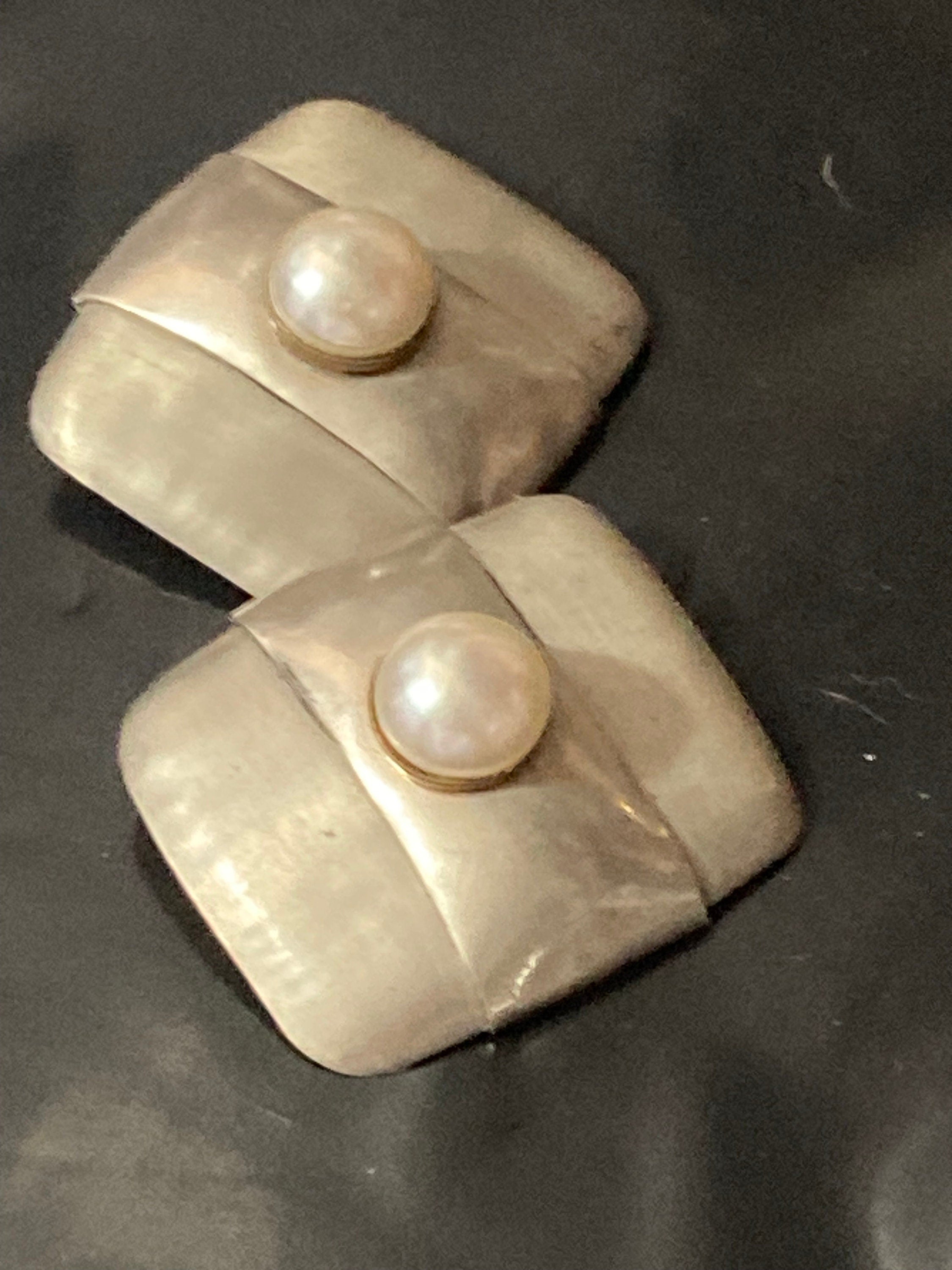 Vintage signed Fabrice Paris designer clip on earrings rectangular with faux pearl