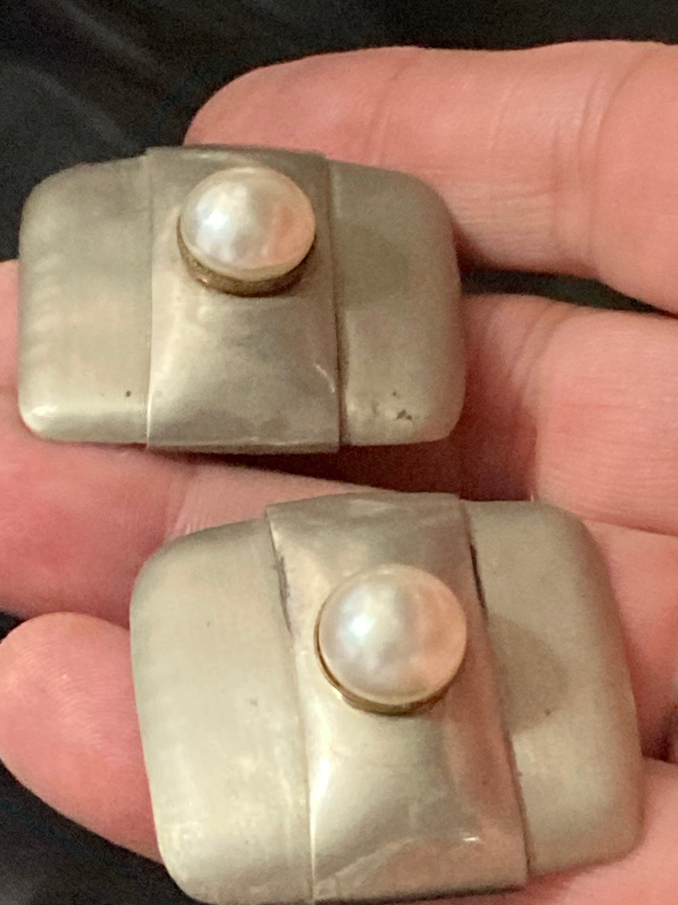 Vintage signed Fabrice Paris designer clip on earrings rectangular with faux pearl