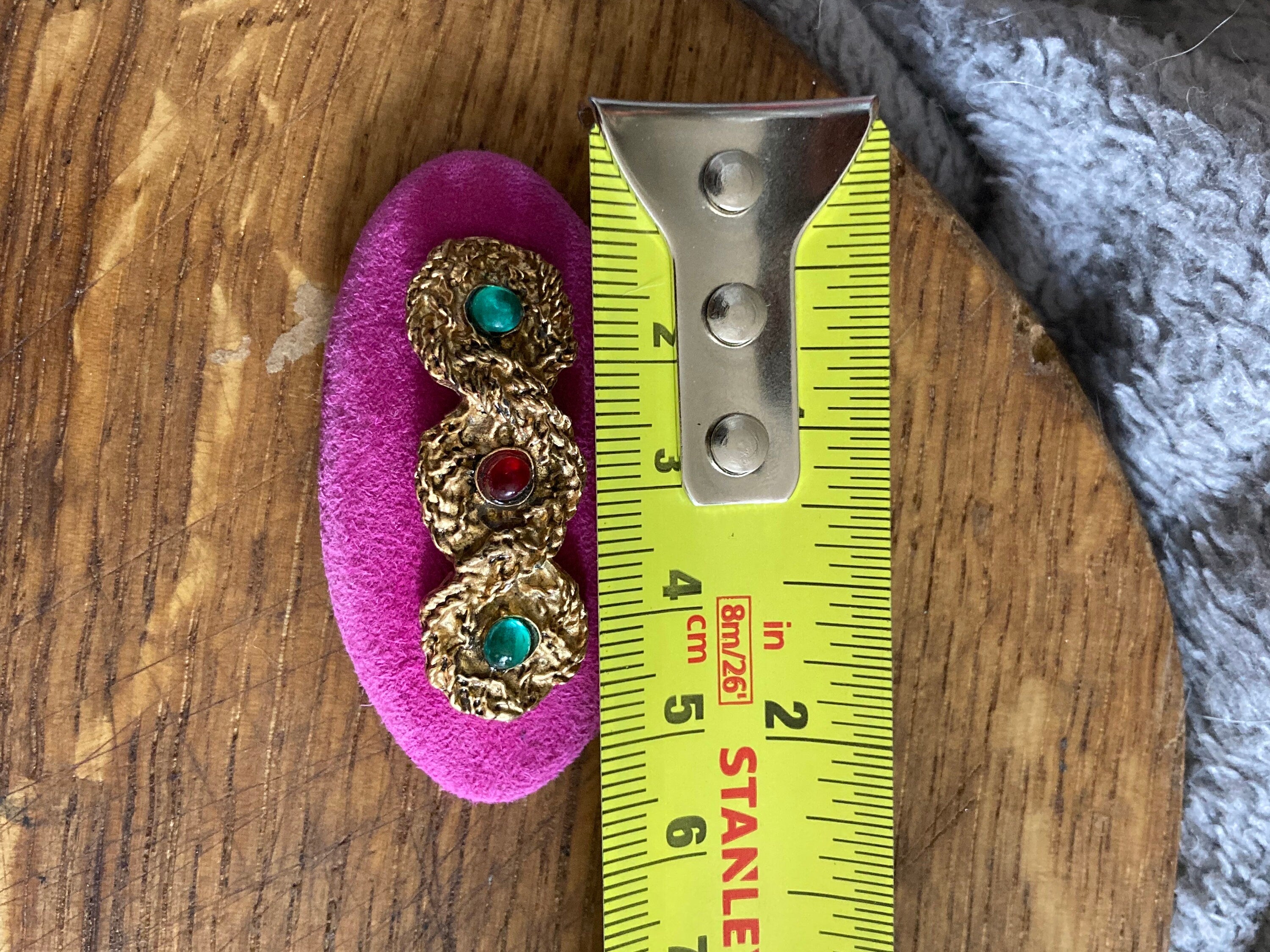Vintage High end pair of bright pink suede leather gripoix green red beaded gold braided shoe clips
