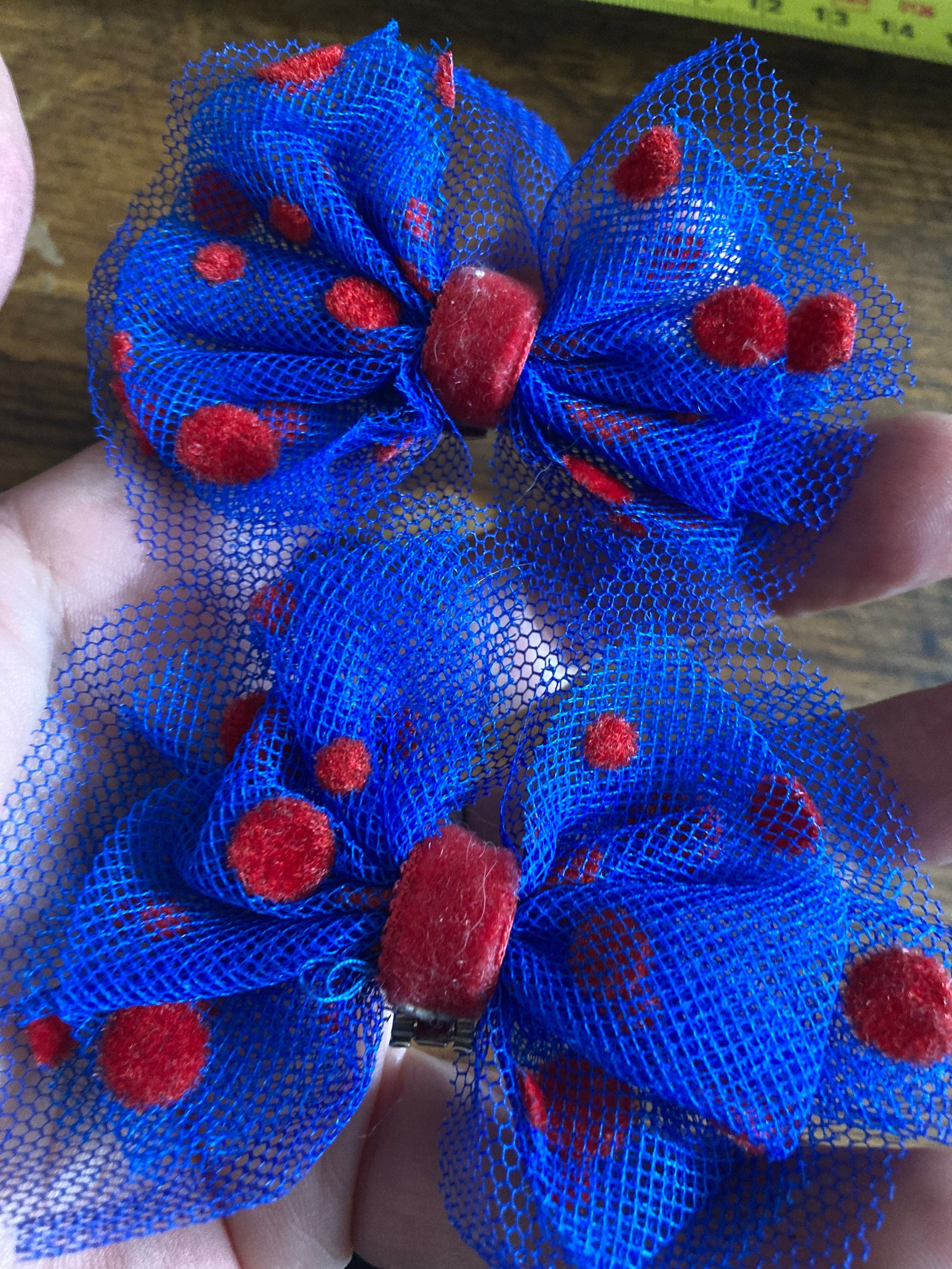 Signed pair of  blue and red netting polka dot spotty BOW shoe clips Christina Eastwood