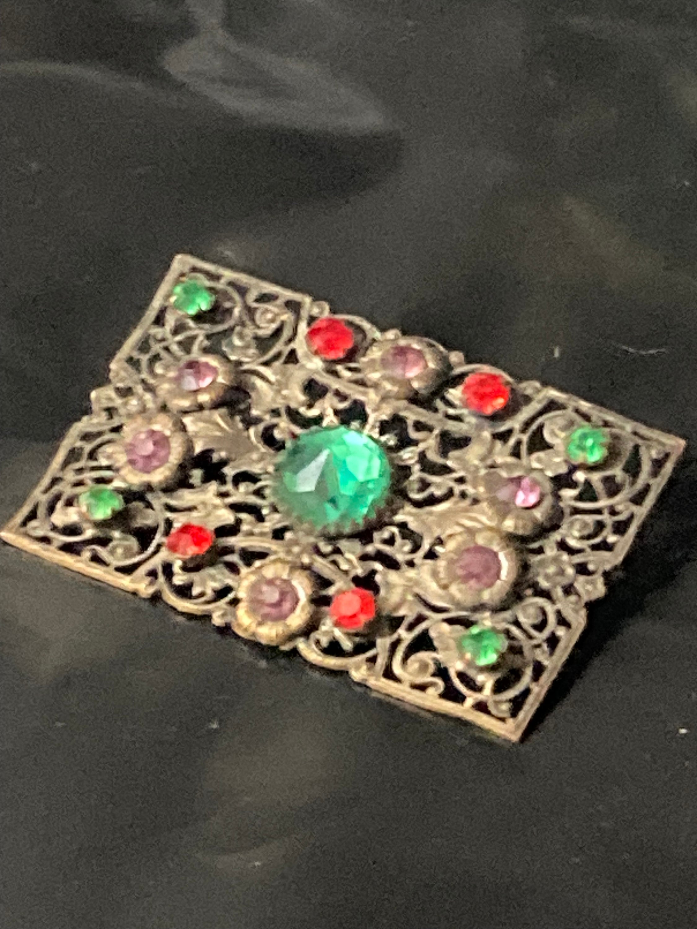 Antique czech stamped filigree brass paste set red green purple rhinestones rectangular brooch