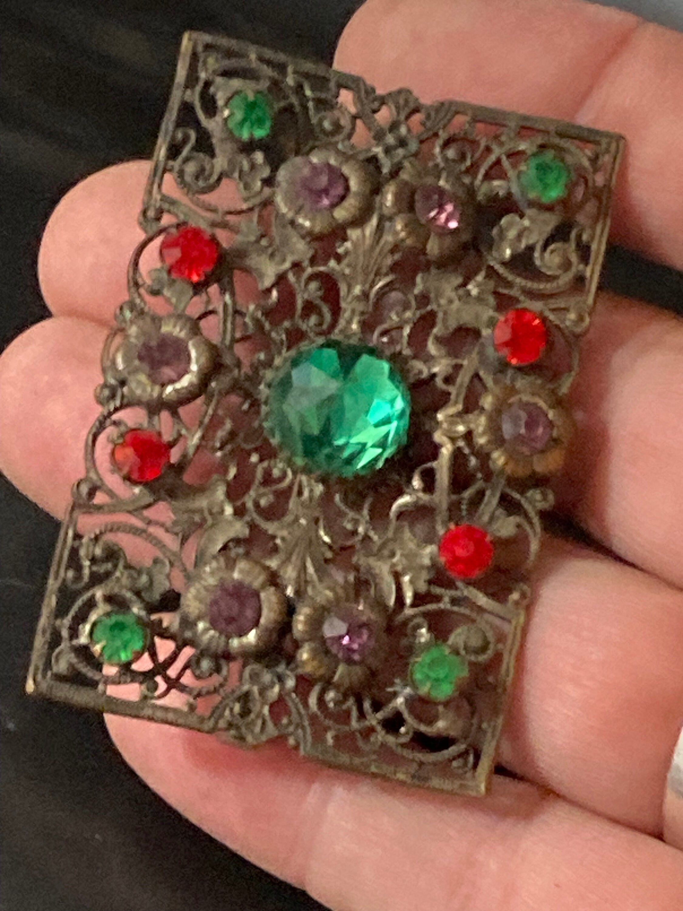 Antique czech stamped filigree brass paste set red green purple rhinestones rectangular brooch