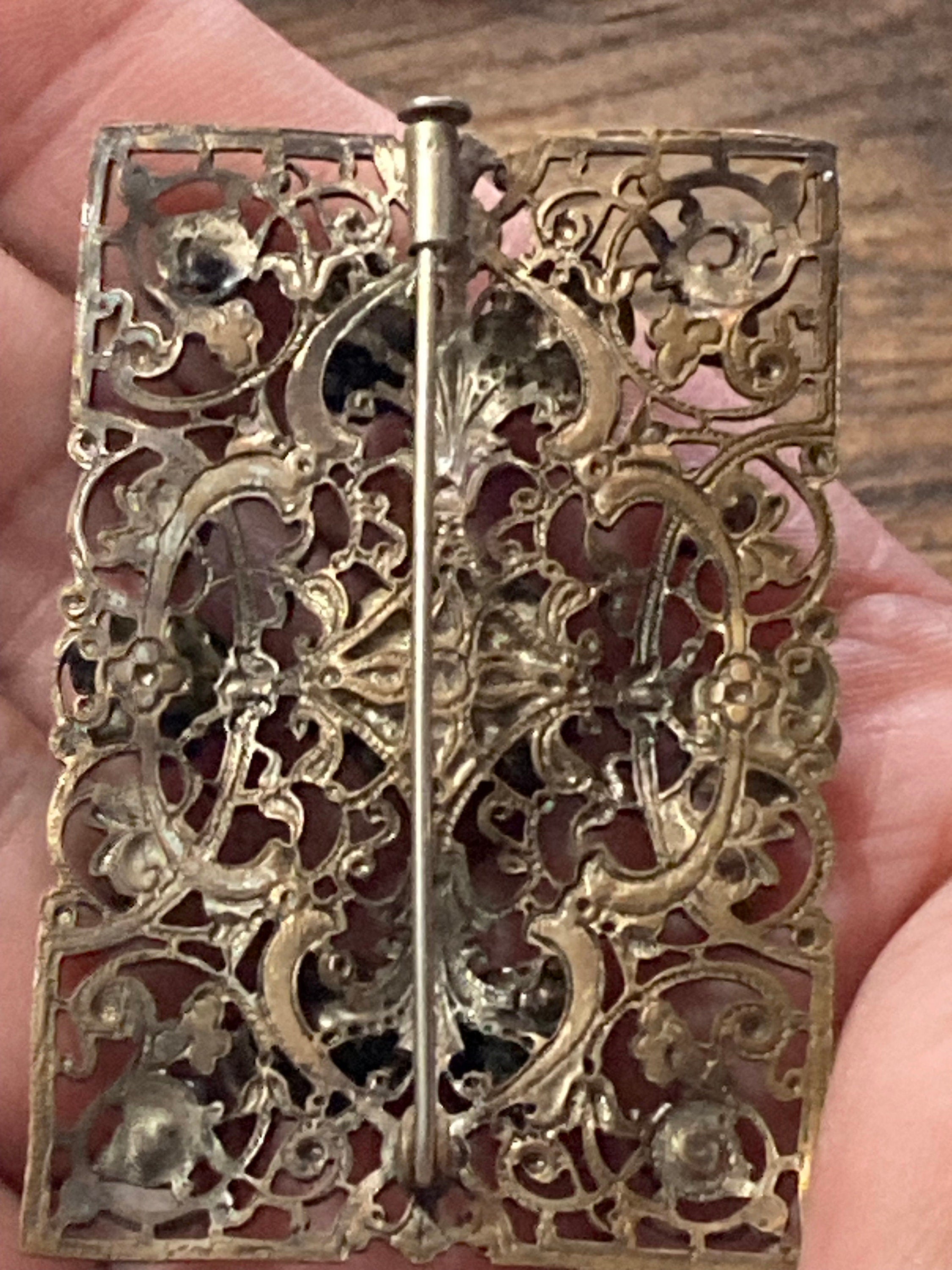Antique czech stamped filigree brass paste set red green purple rhinestones rectangular brooch