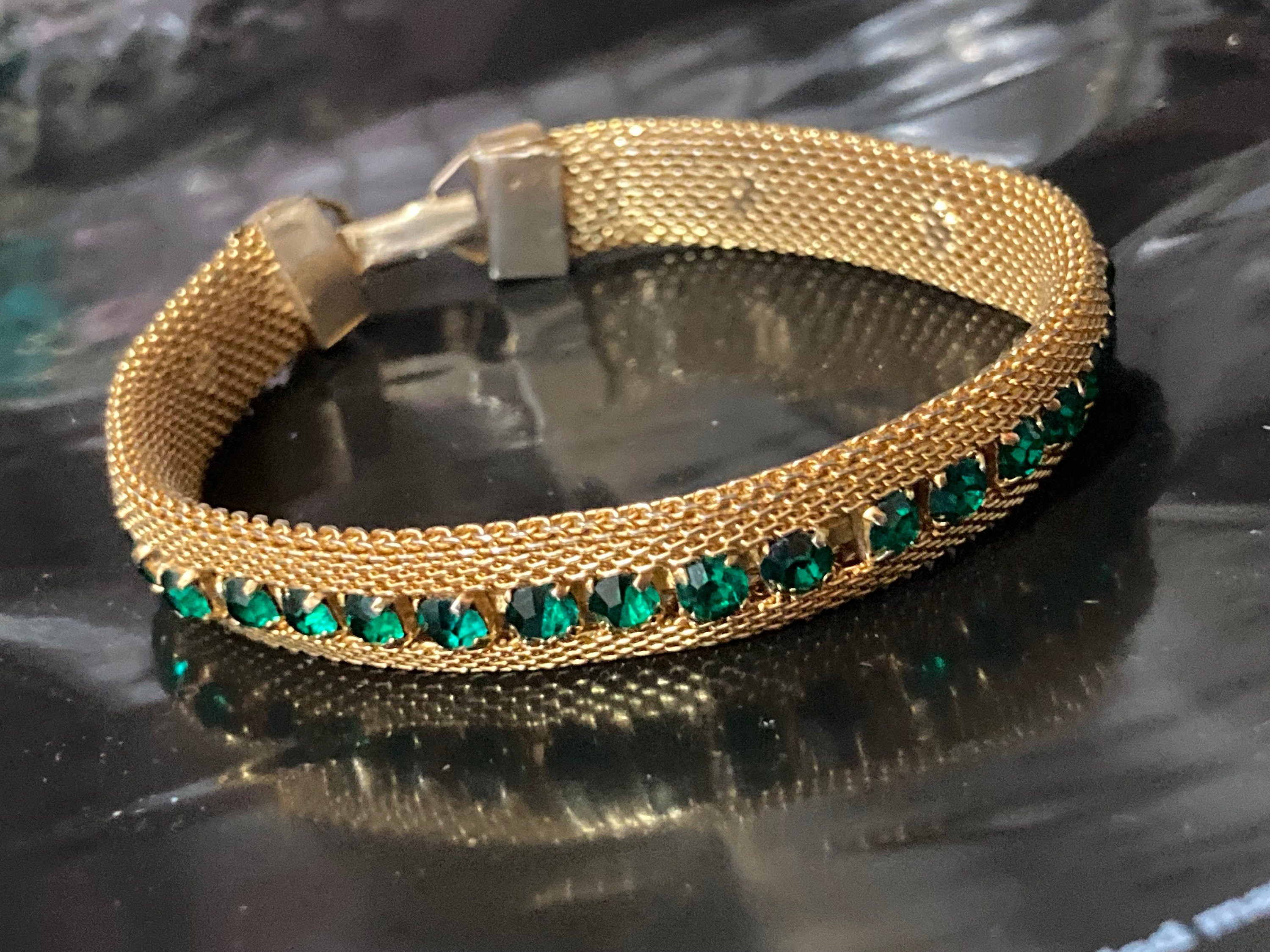 Gold mesh modernist emerald green rhinestone cocktail bracelet