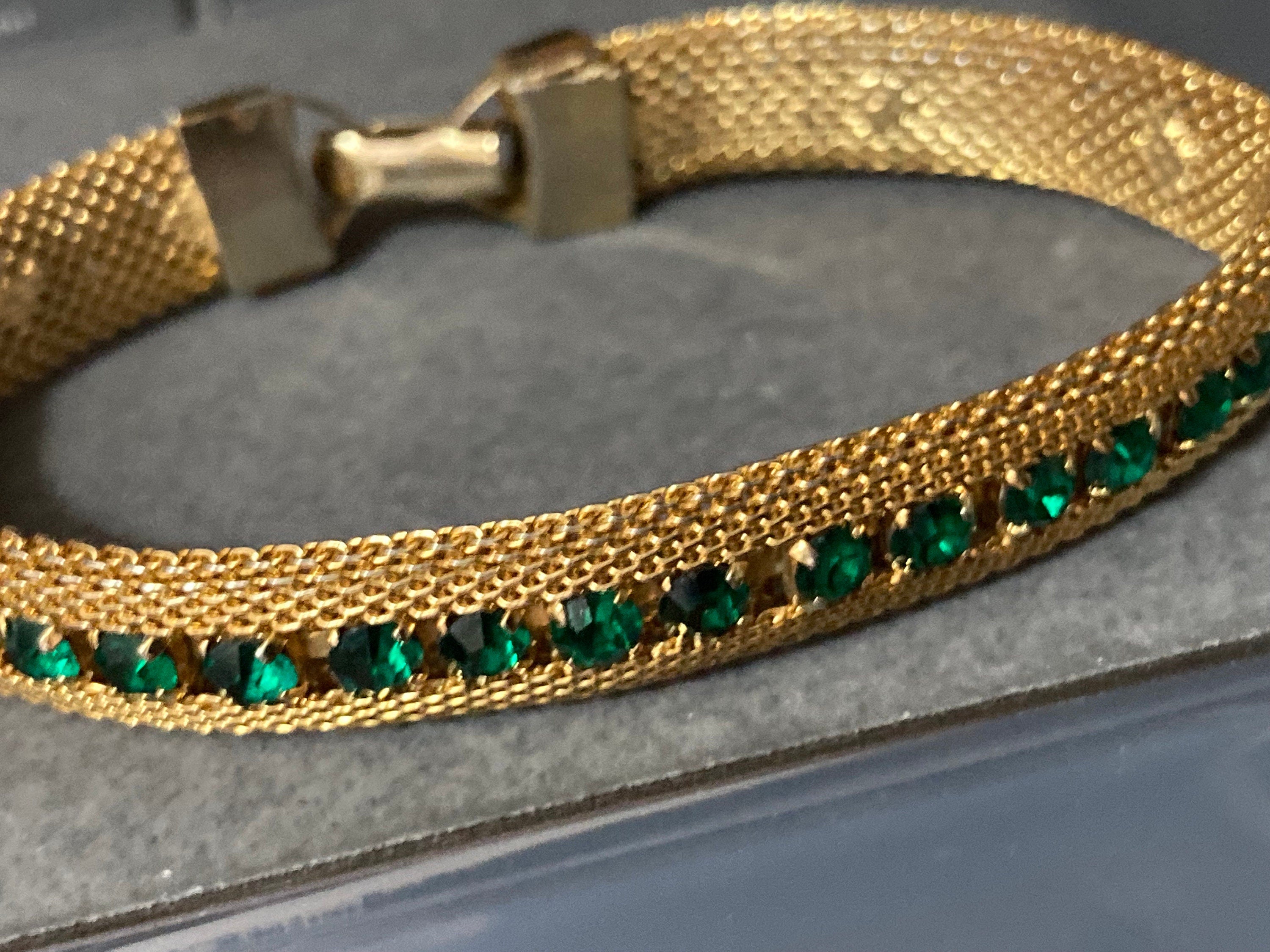 Gold mesh modernist emerald green rhinestone cocktail bracelet