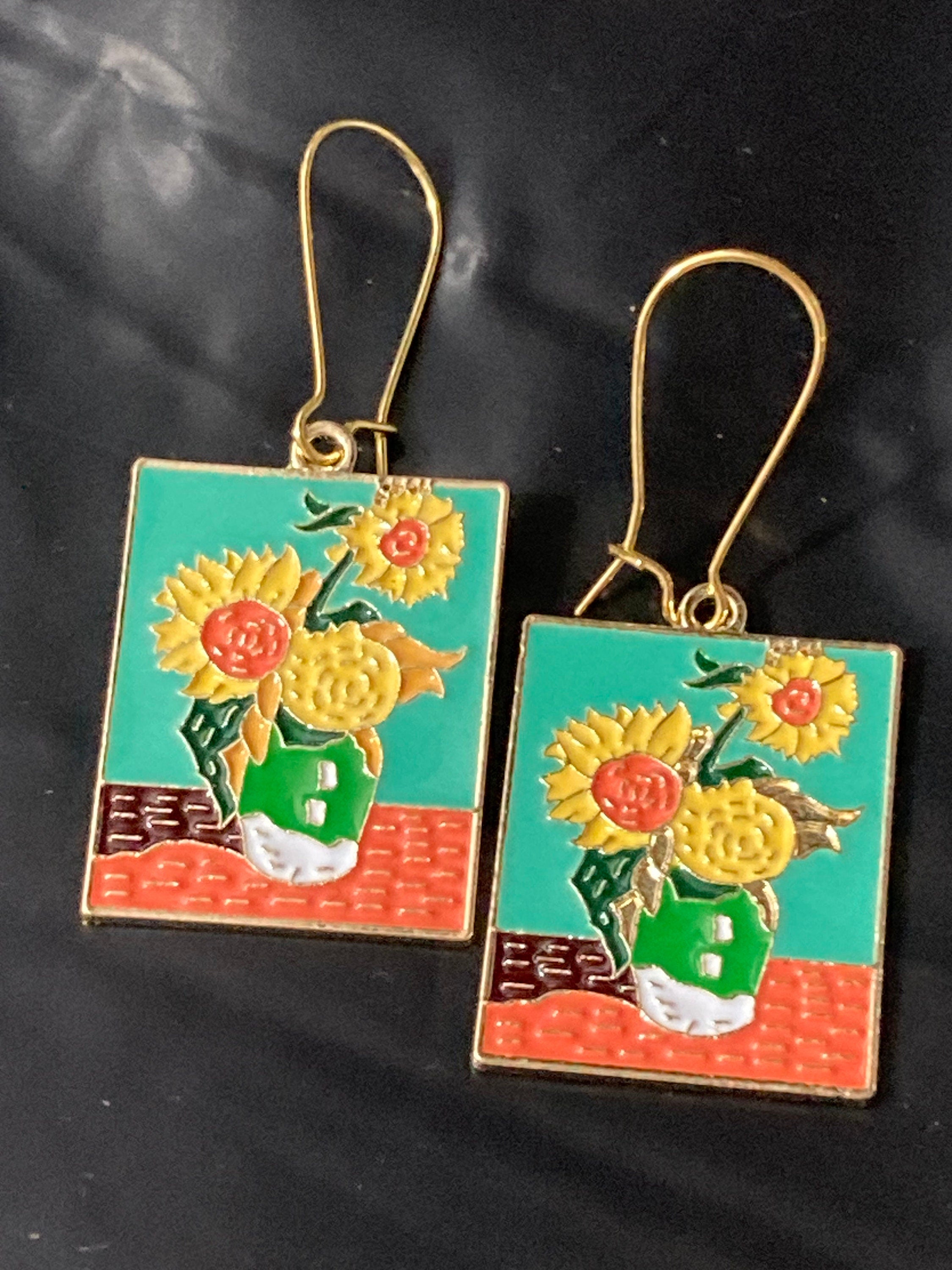 Van Gogh yellow sunflowers artists painting earrings fine art