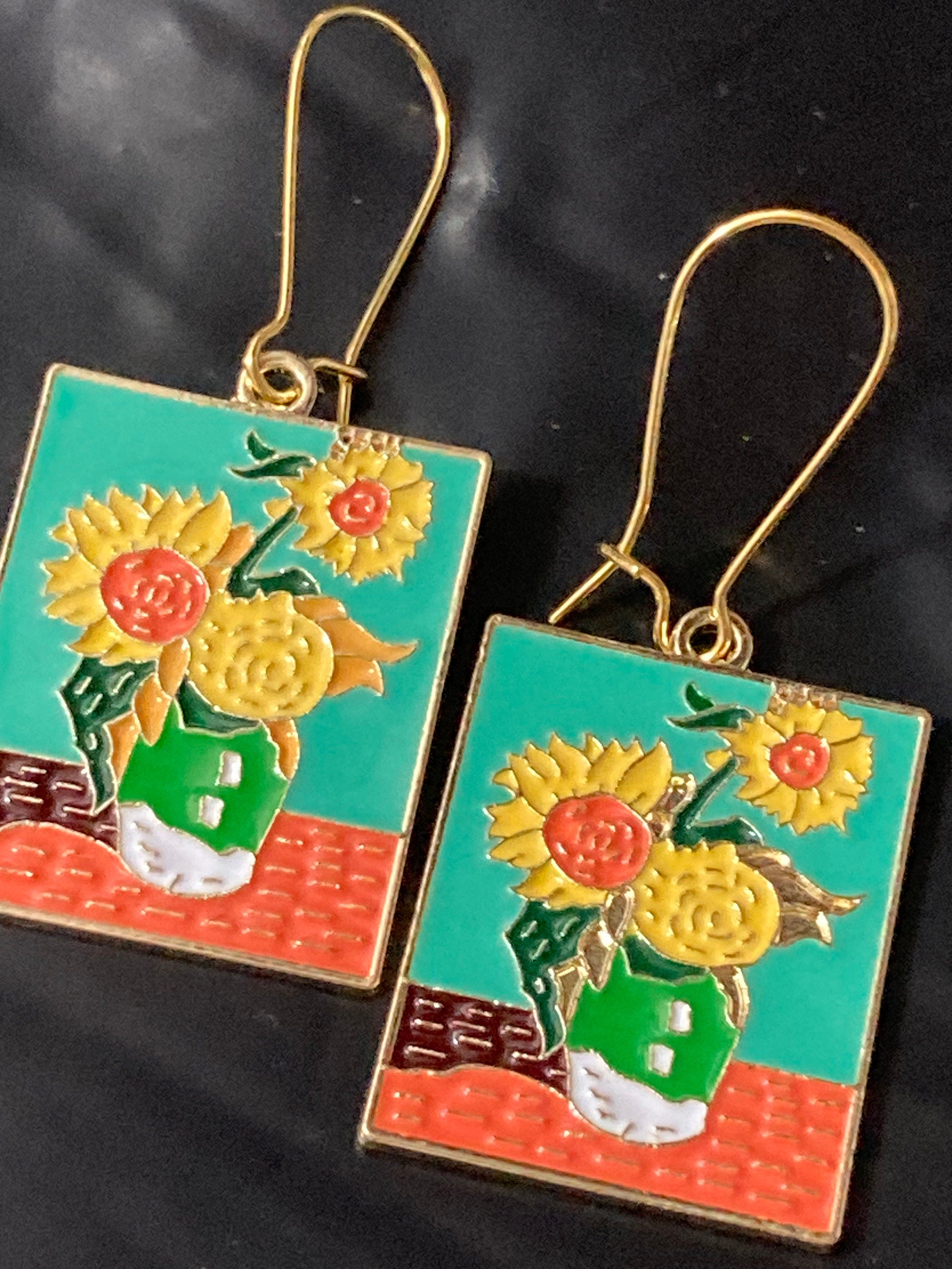 Van Gogh yellow sunflowers artists painting earrings fine art