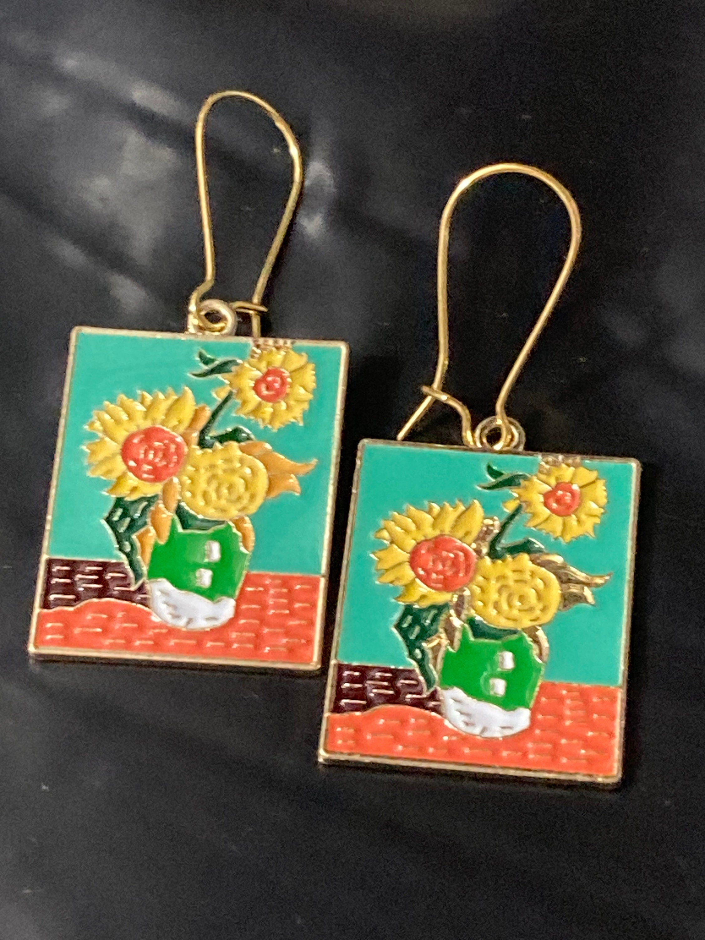 Van Gogh yellow sunflowers artists painting earrings fine art