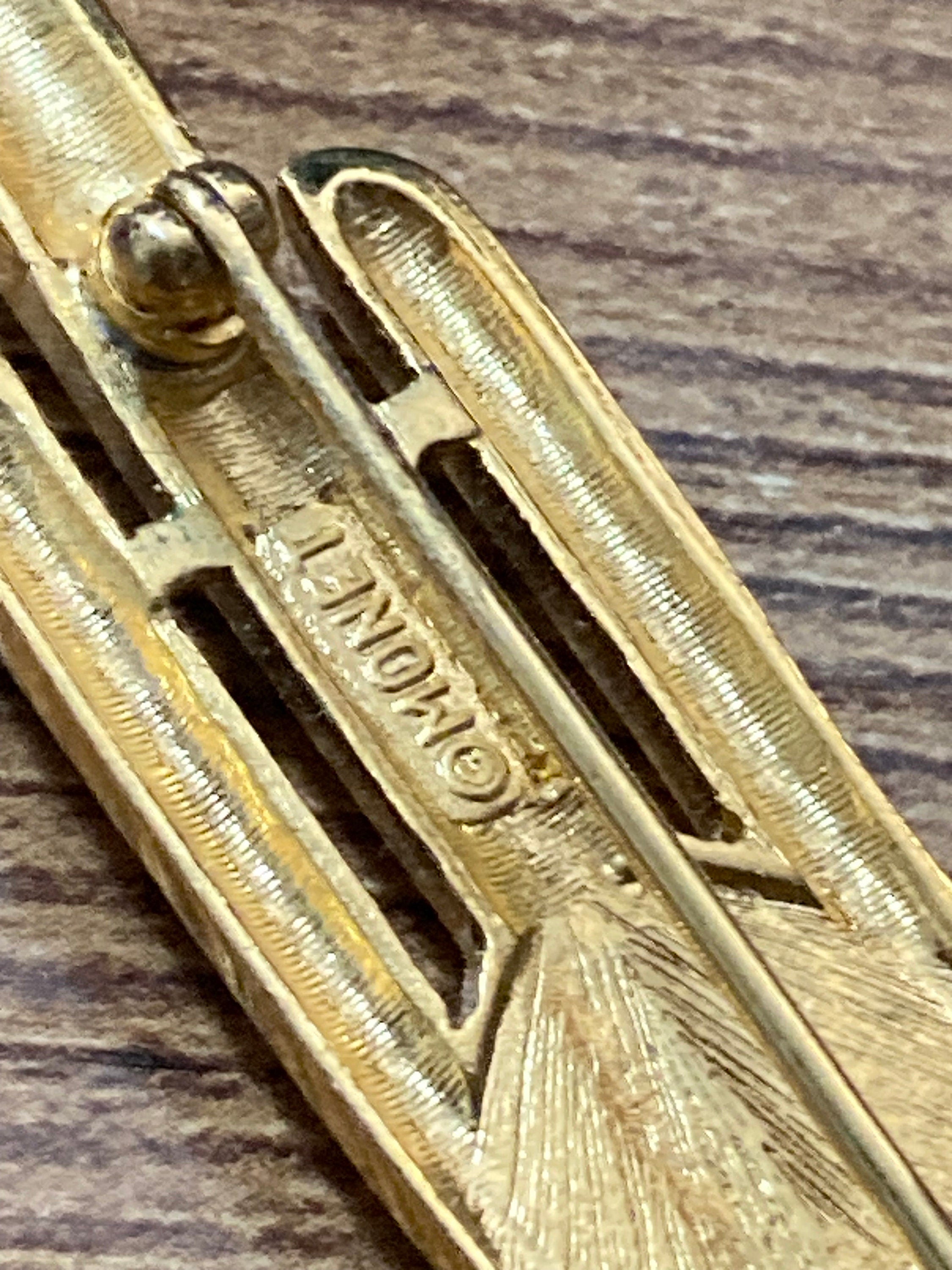 Signed MONET large gold tone diamanté love heart bar brooch