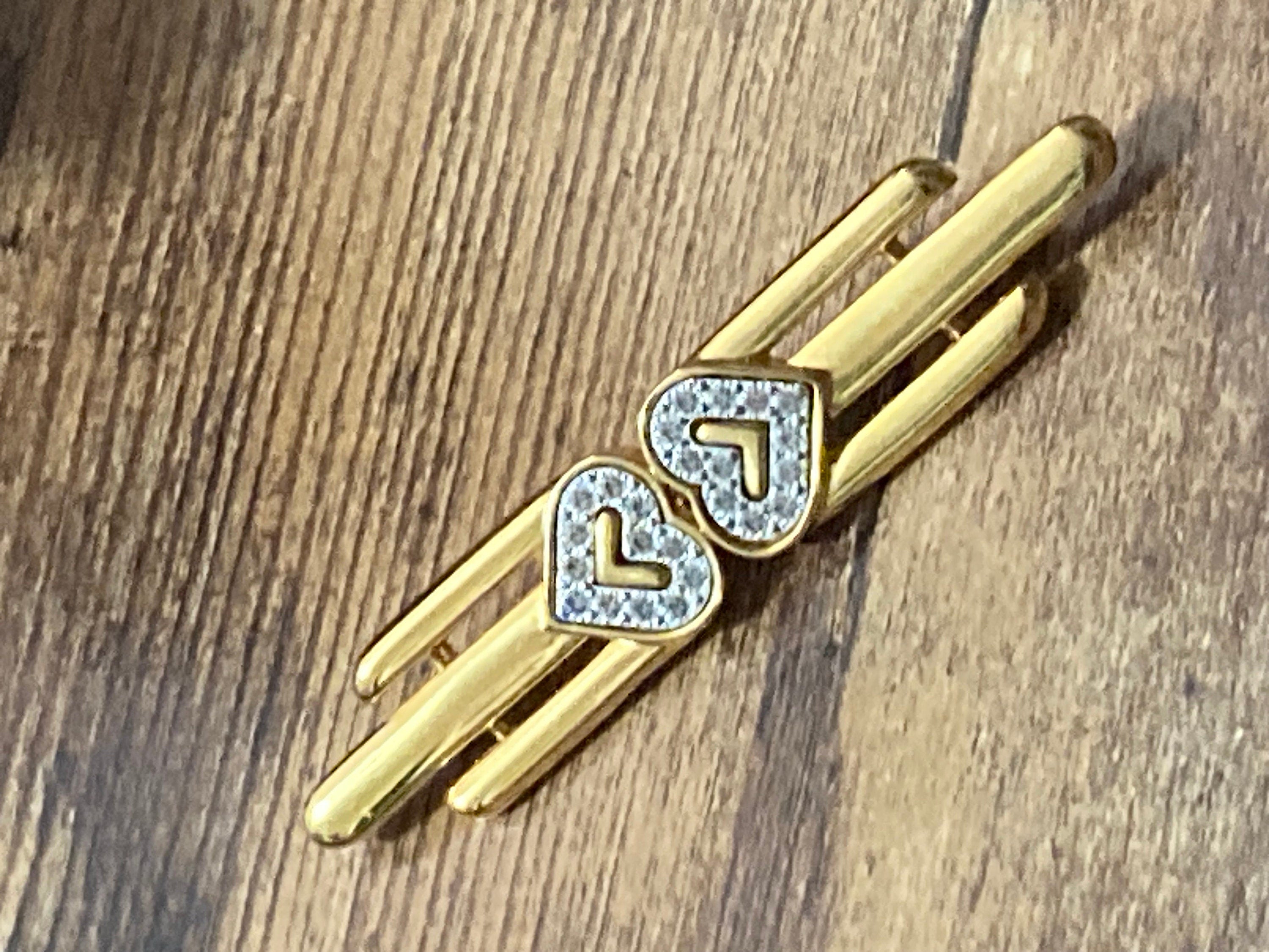 Signed MONET large gold tone diamanté love heart bar brooch