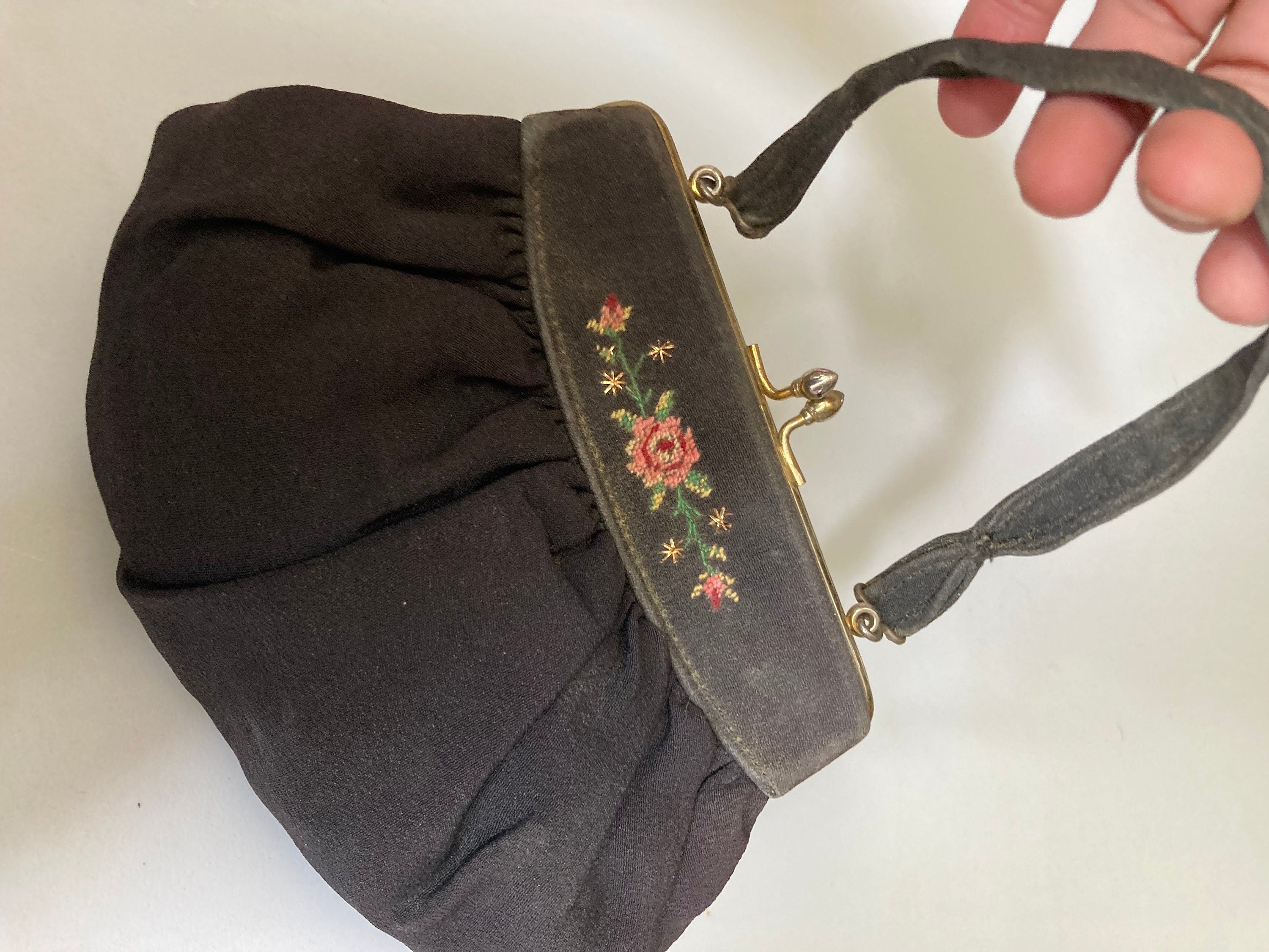 Vintage black crepe Evening Bag Purse with floral petit point embroidery mid century