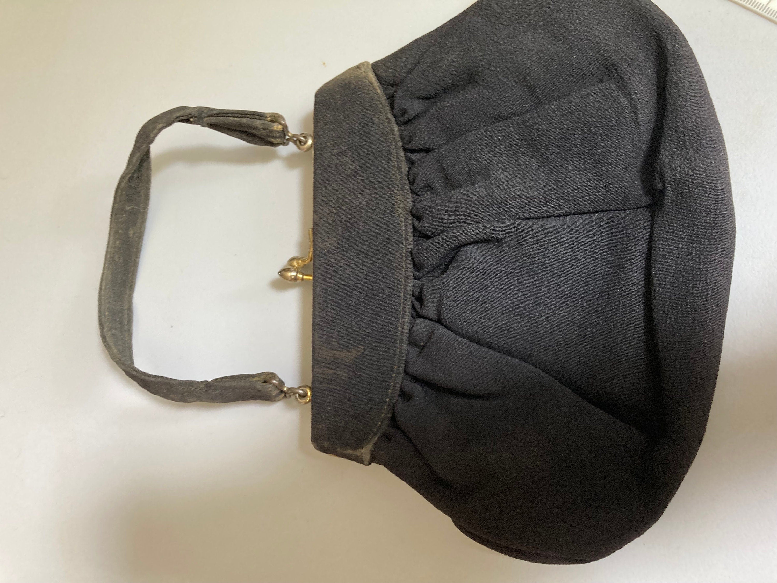 Vintage black crepe Evening Bag Purse with floral petit point embroidery mid century