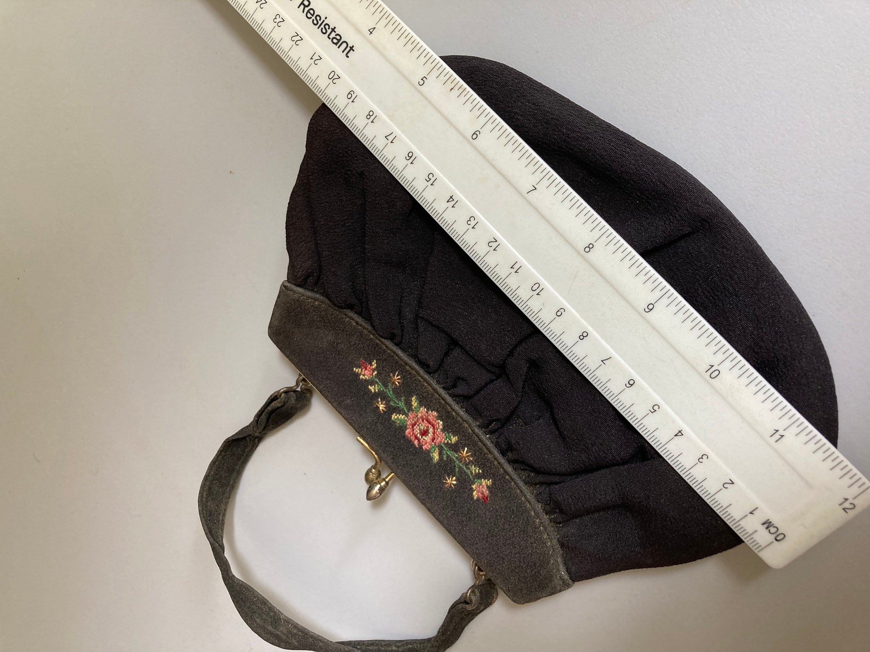 Vintage black crepe Evening Bag Purse with floral petit point embroidery mid century