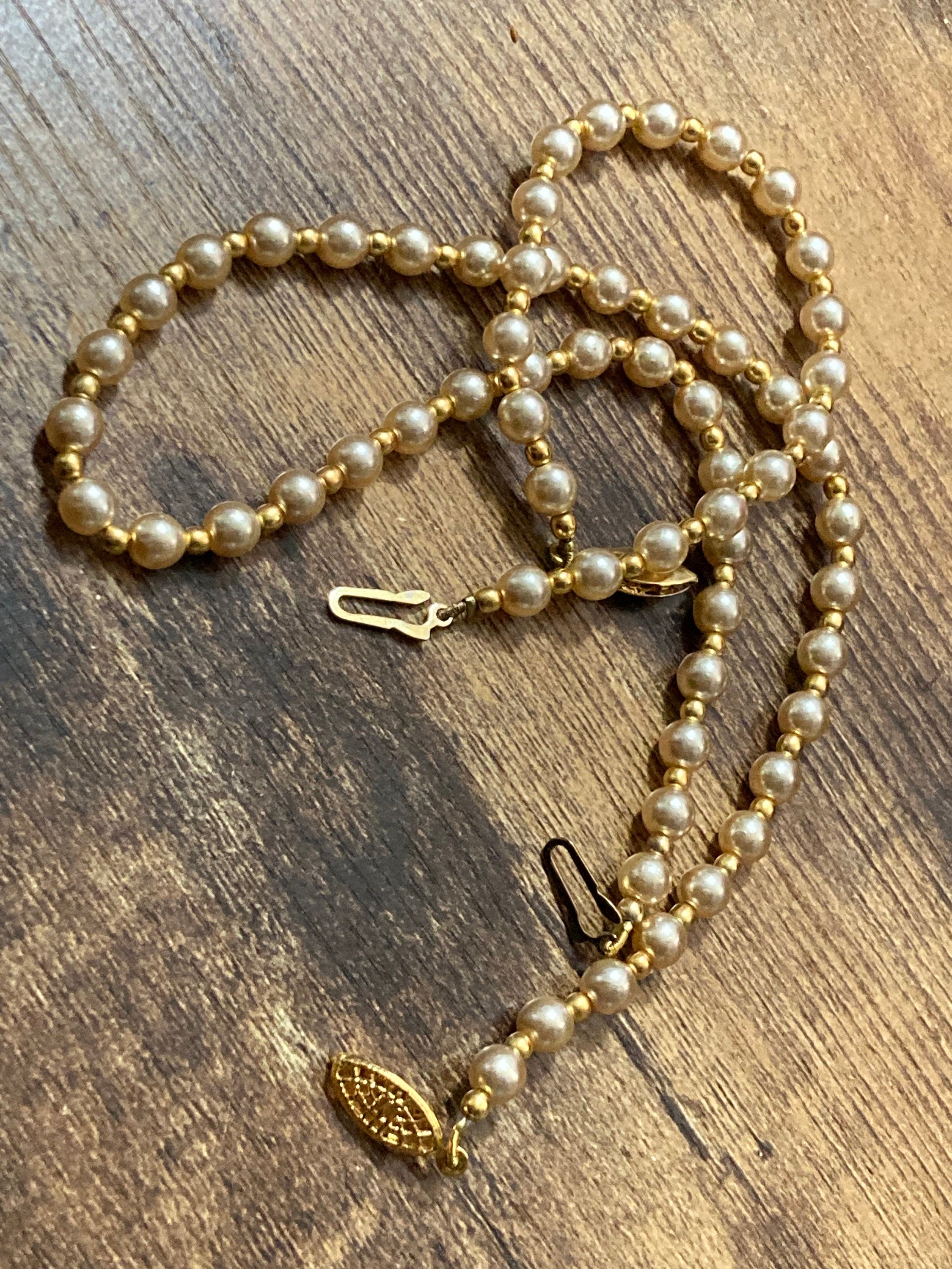 Retro 1980s faux glass cream pearl beaded necklace and matching bracelet jewellery set new old shop stock
