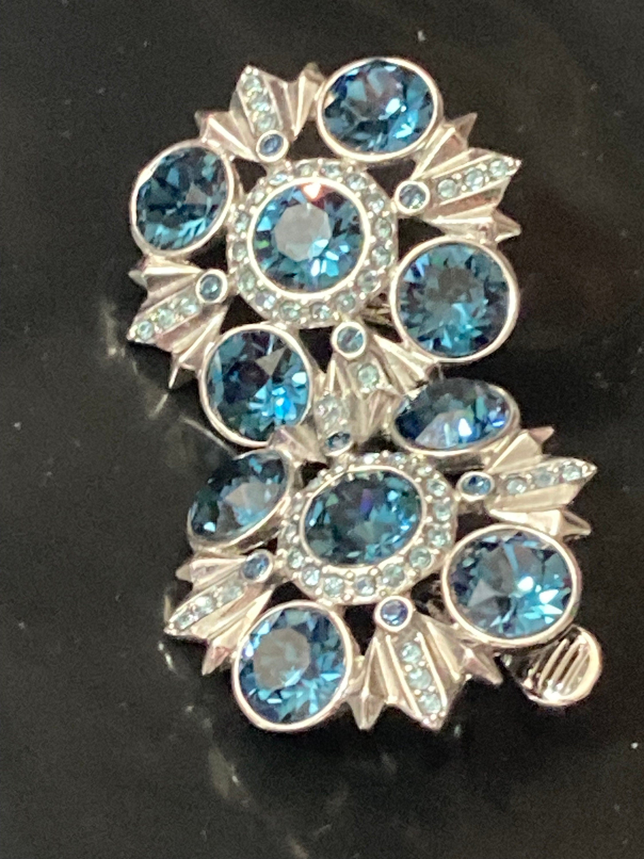 Signed vintage Givenchy clip on earrings silver tone with sapphire blue diamanté