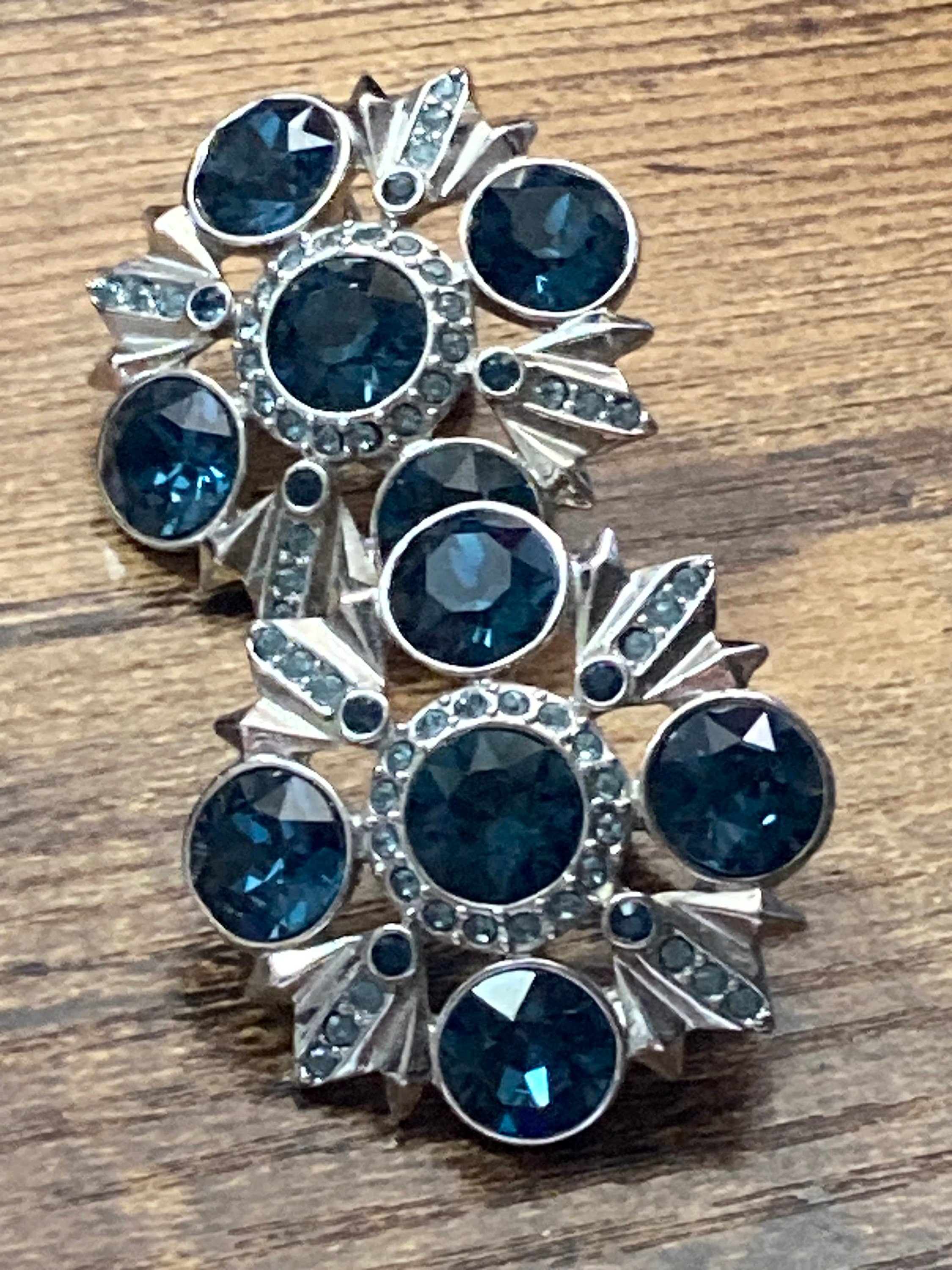 Signed vintage Givenchy clip on earrings silver tone with sapphire blue diamanté