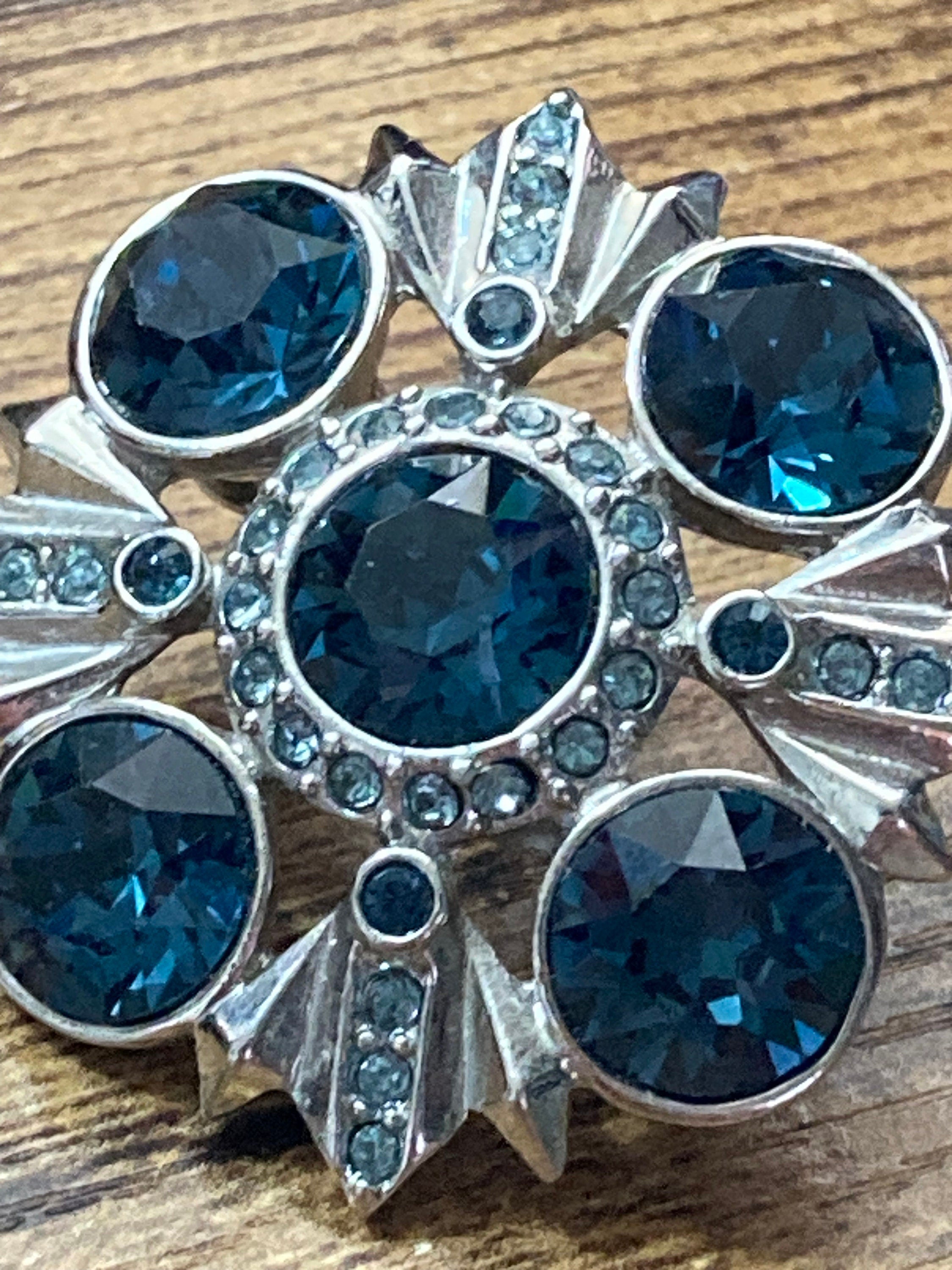 Signed vintage Givenchy clip on earrings silver tone with sapphire blue diamanté