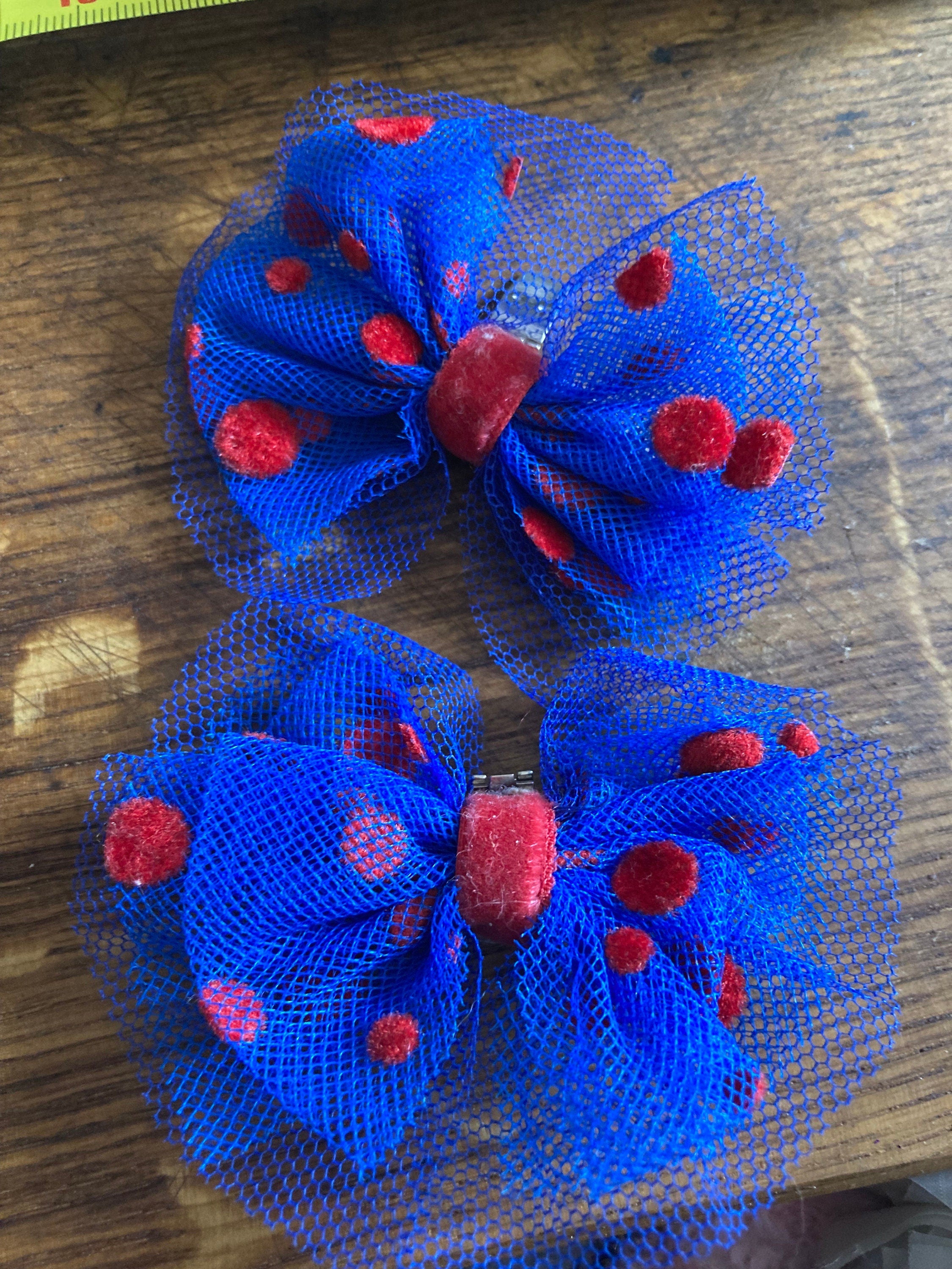 Signed pair of  blue and red netting polka dot spotty BOW shoe clips Christina Eastwood