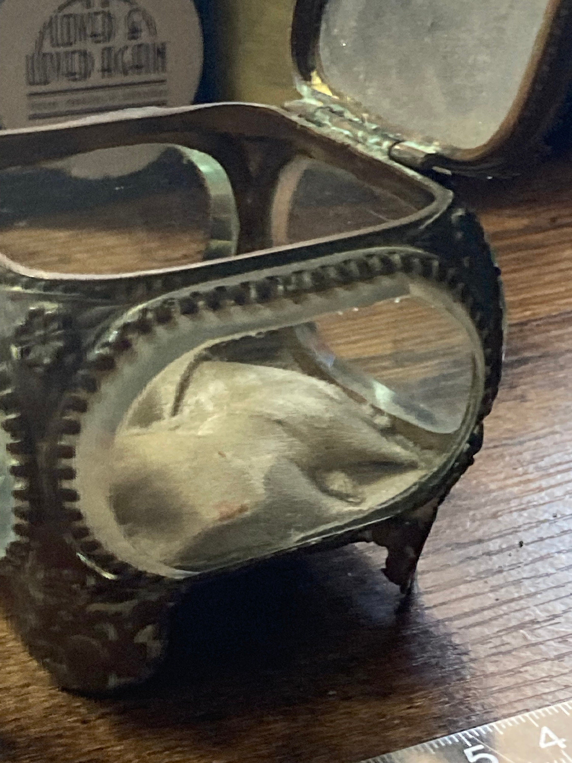 Antique French jewellery box  glass ring casket silk lined brass