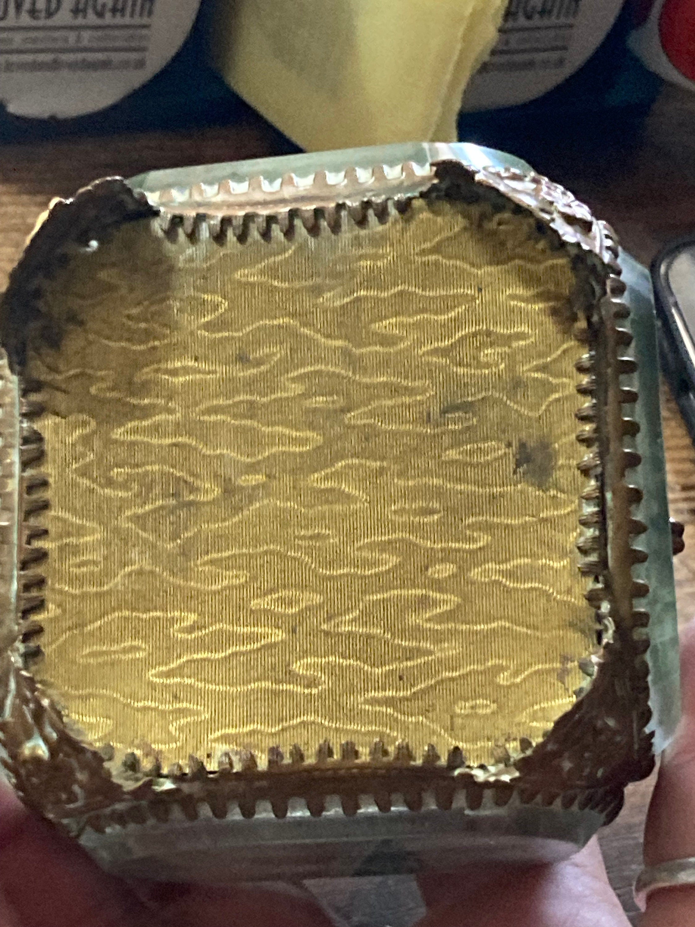 Antique French jewellery box  glass ring casket silk lined brass