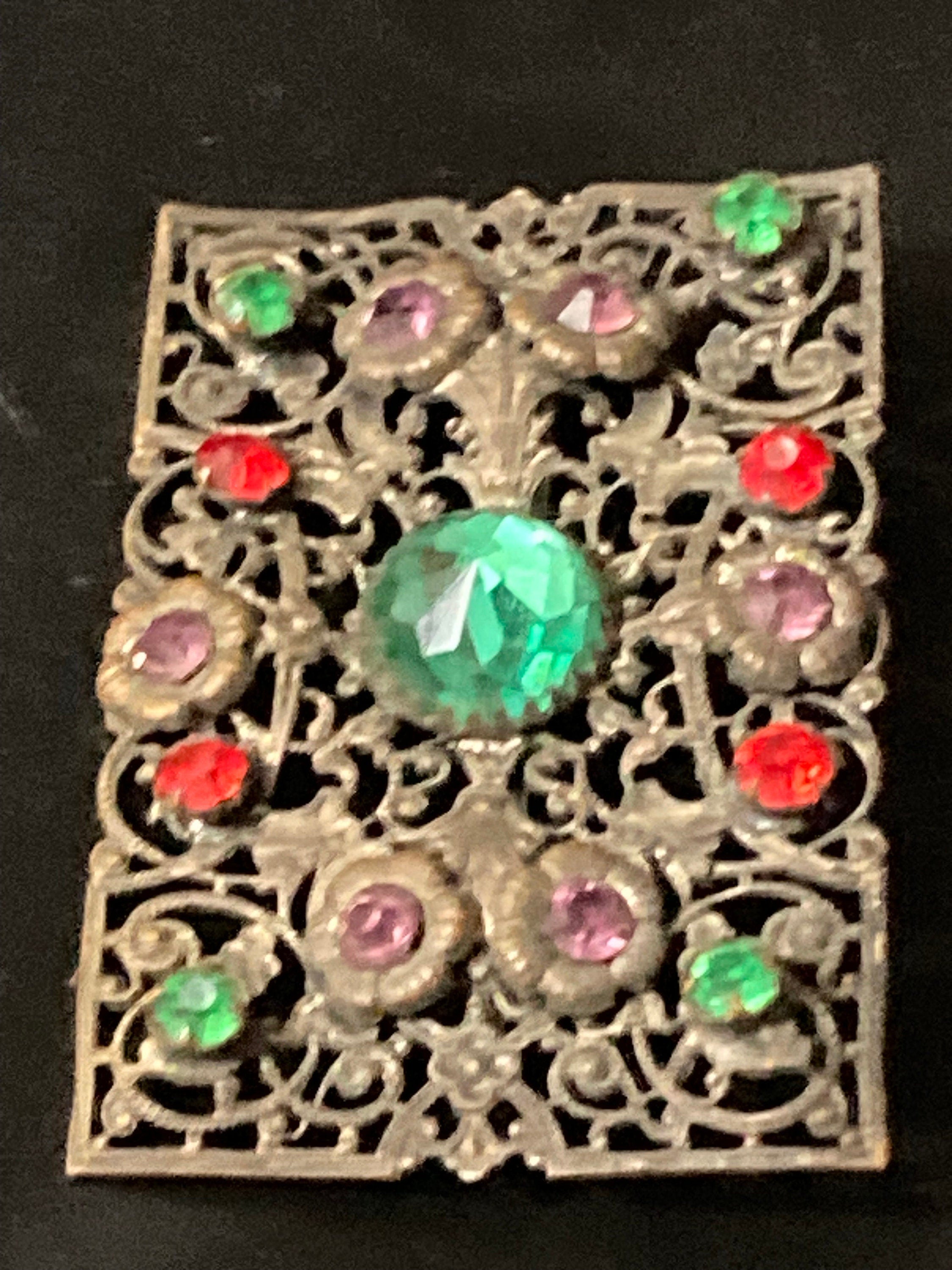 Antique czech stamped filigree brass paste set red green purple rhinestones rectangular brooch