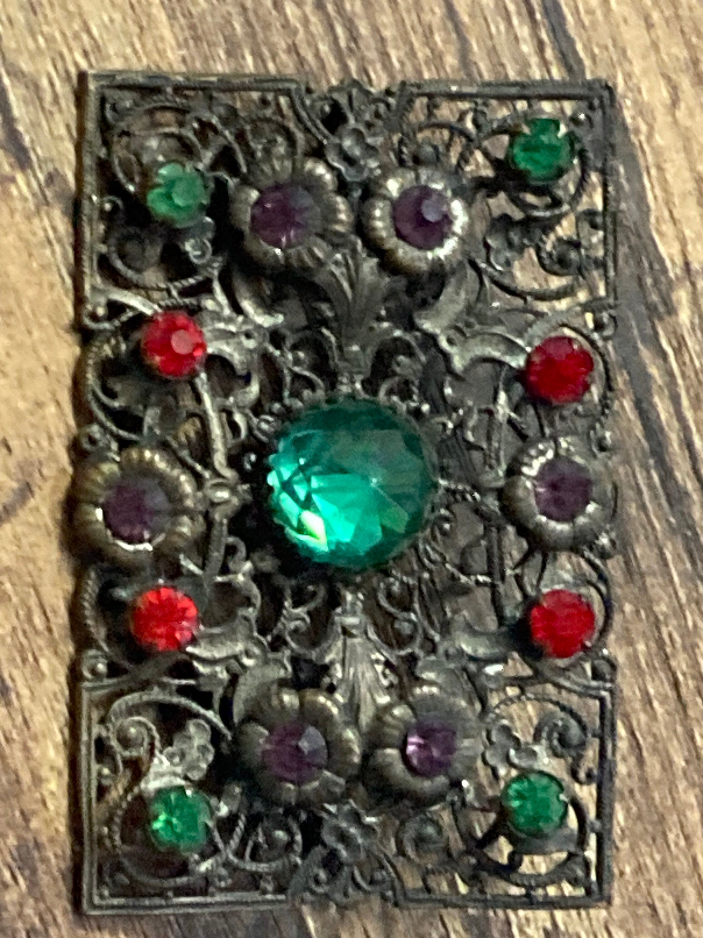 Antique czech stamped filigree brass paste set red green purple rhinestones rectangular brooch