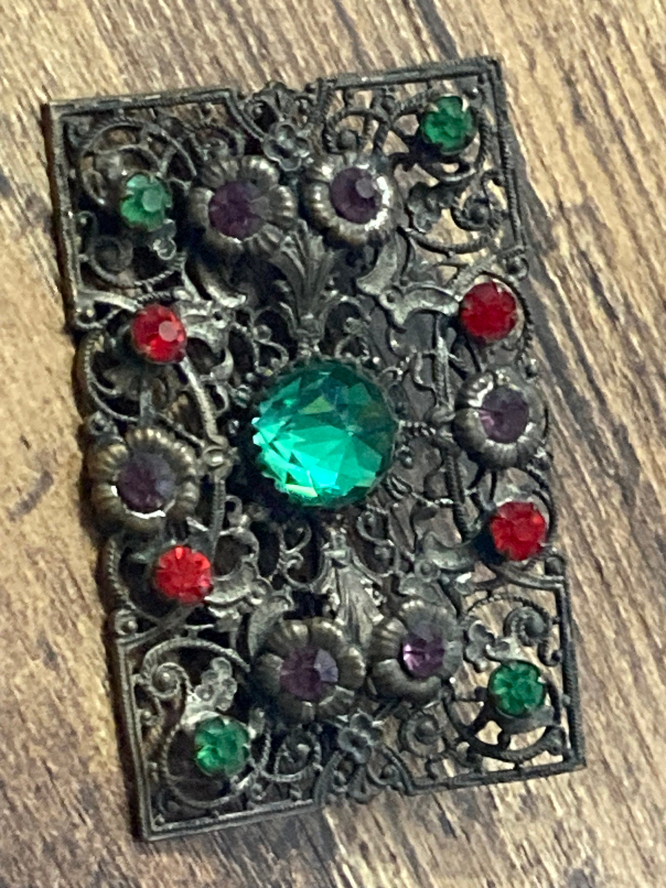 Antique czech stamped filigree brass paste set red green purple rhinestones rectangular brooch