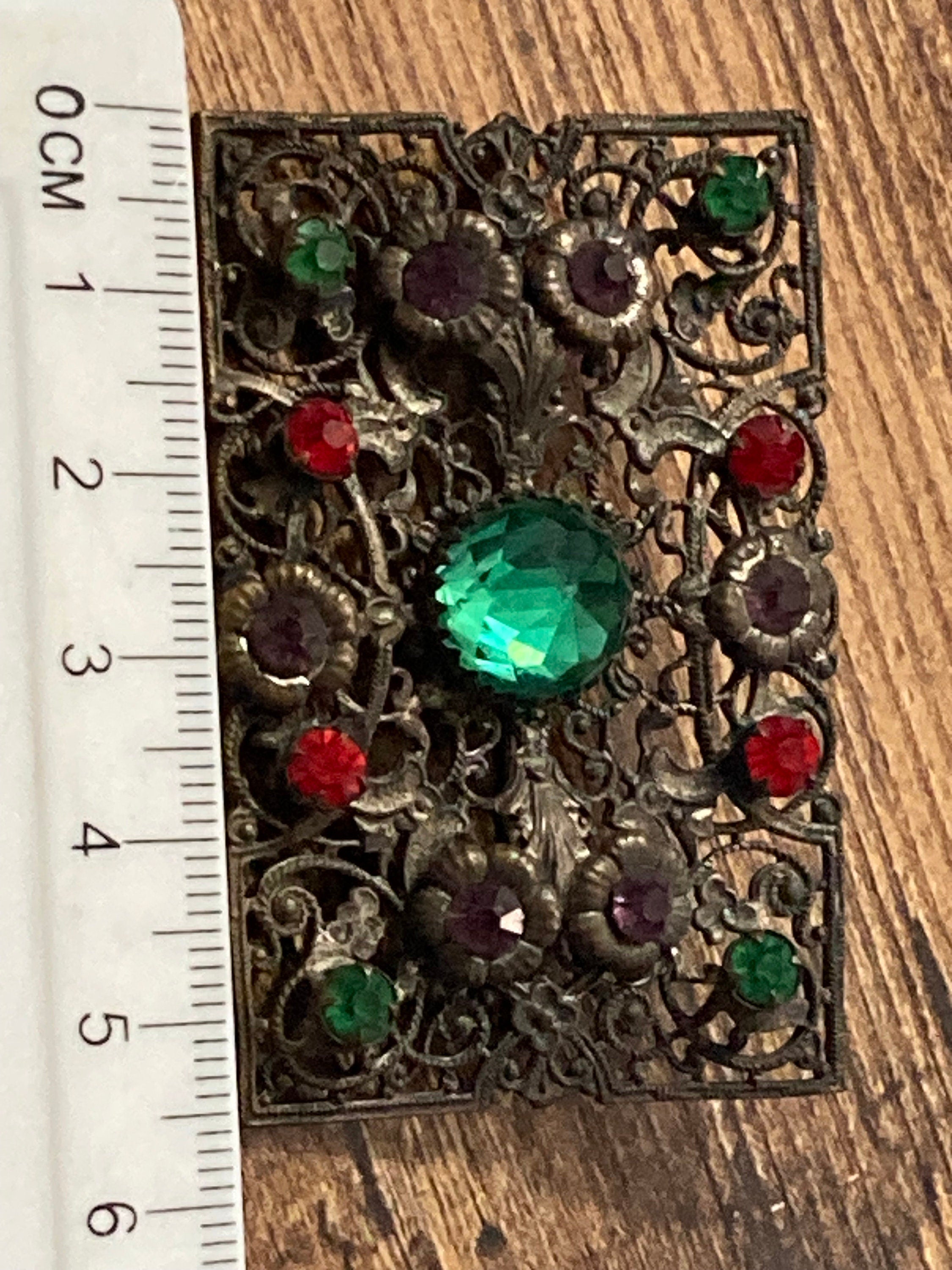 Antique czech stamped filigree brass paste set red green purple rhinestones rectangular brooch