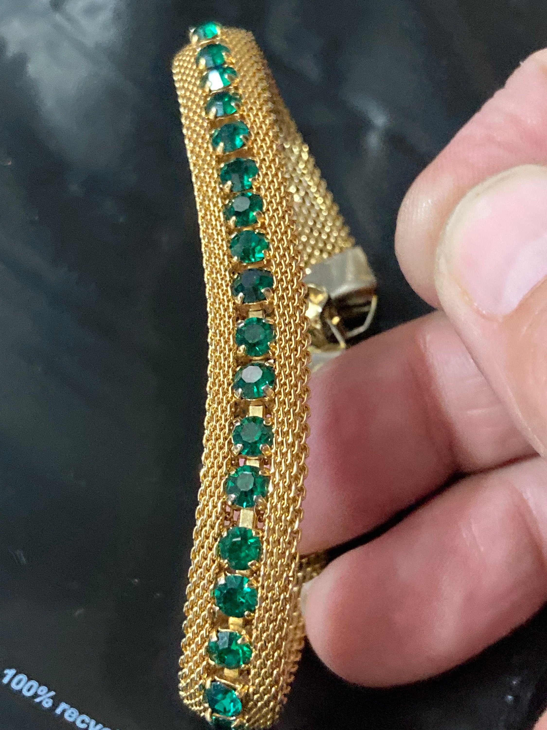 Gold mesh modernist emerald green rhinestone cocktail bracelet
