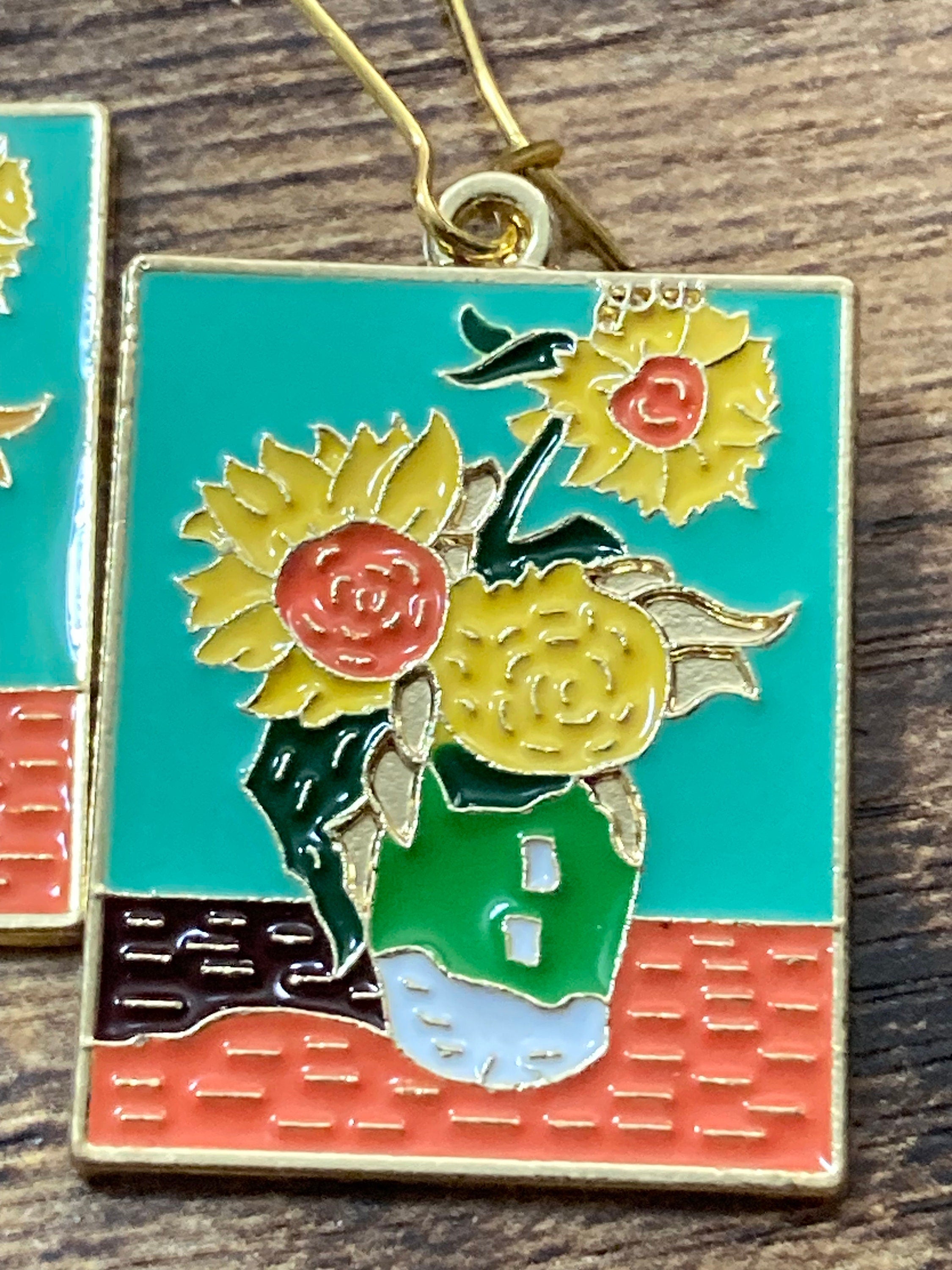 Van Gogh yellow sunflowers artists painting earrings fine art