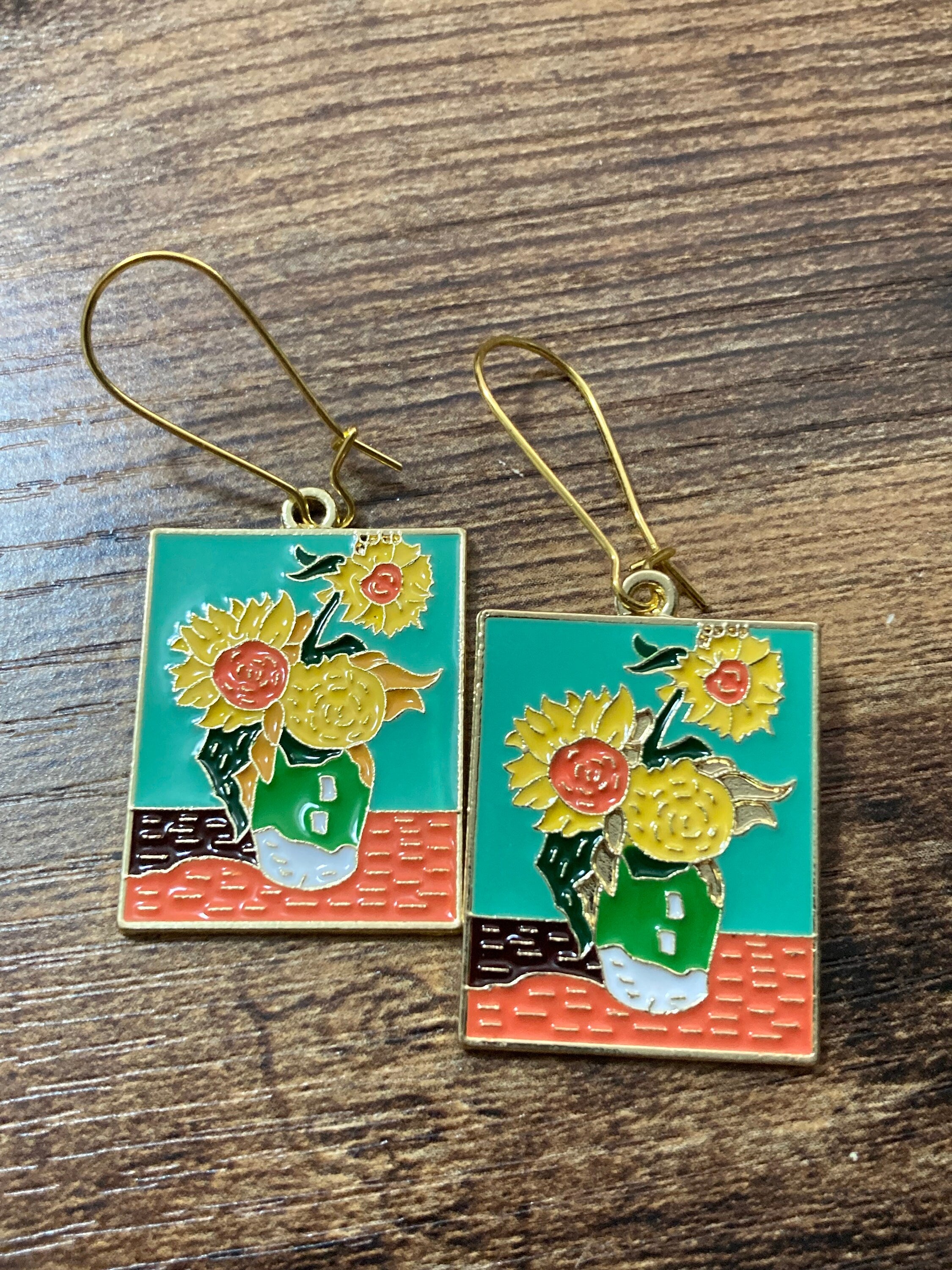 Van Gogh yellow sunflowers artists painting earrings fine art