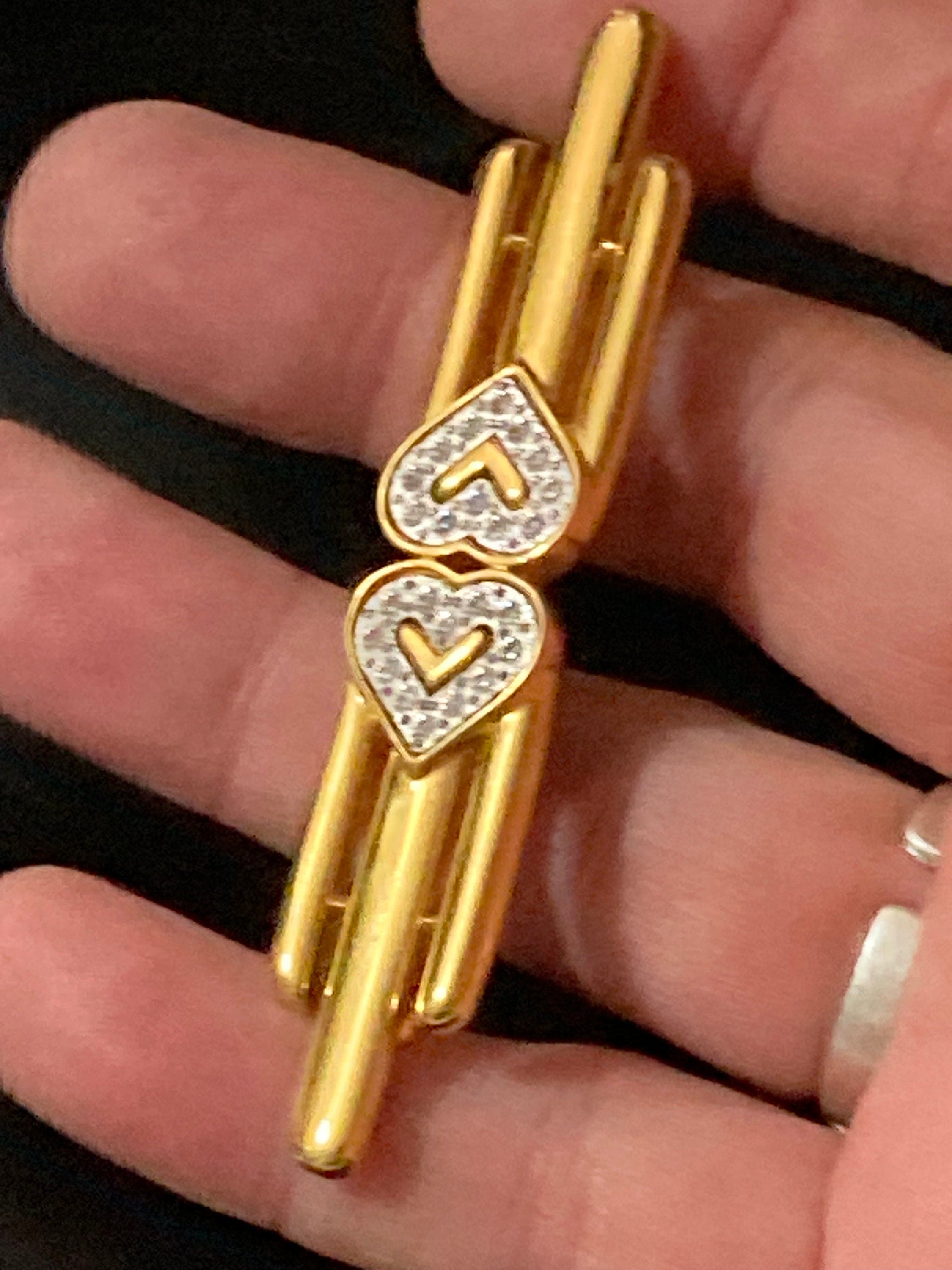 Signed MONET large gold tone diamanté love heart bar brooch