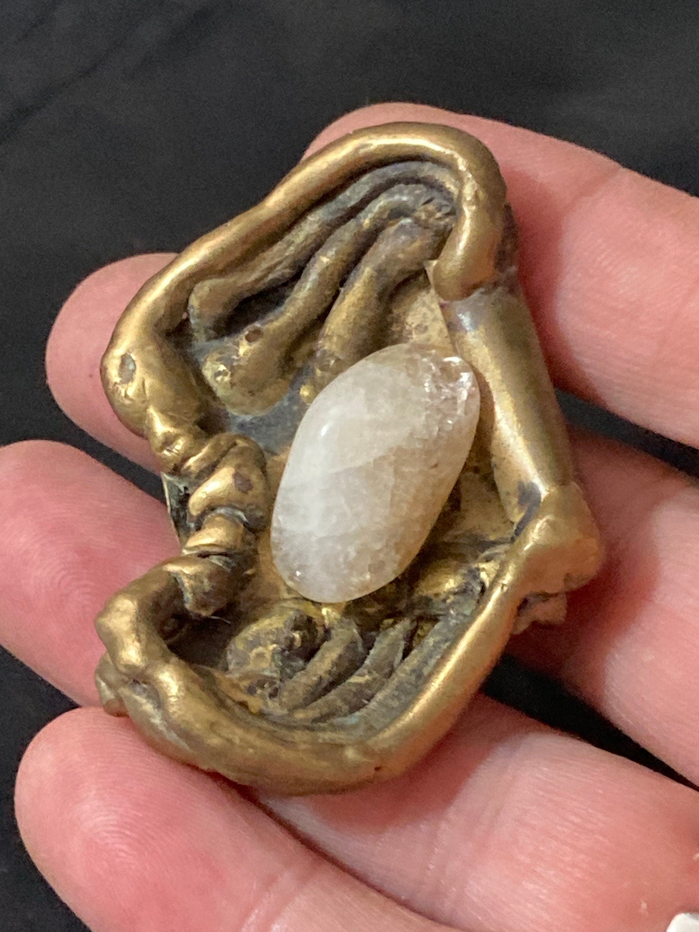 Vintage big Brass artisan handmade gemstone brooch