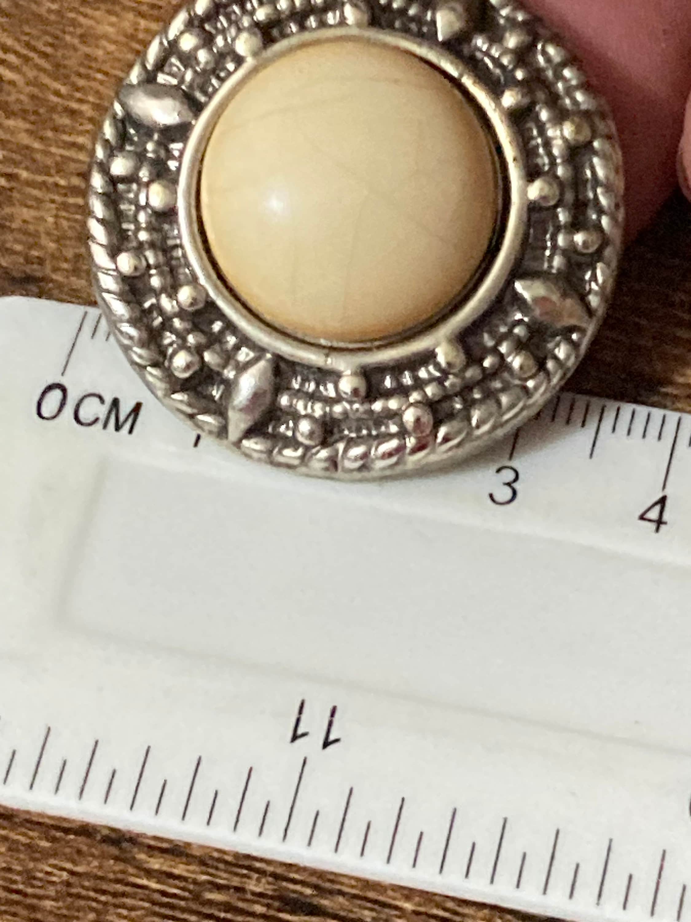 Vintage Silver Tone Clip On Earrings: Beige Cabochon Button Style
