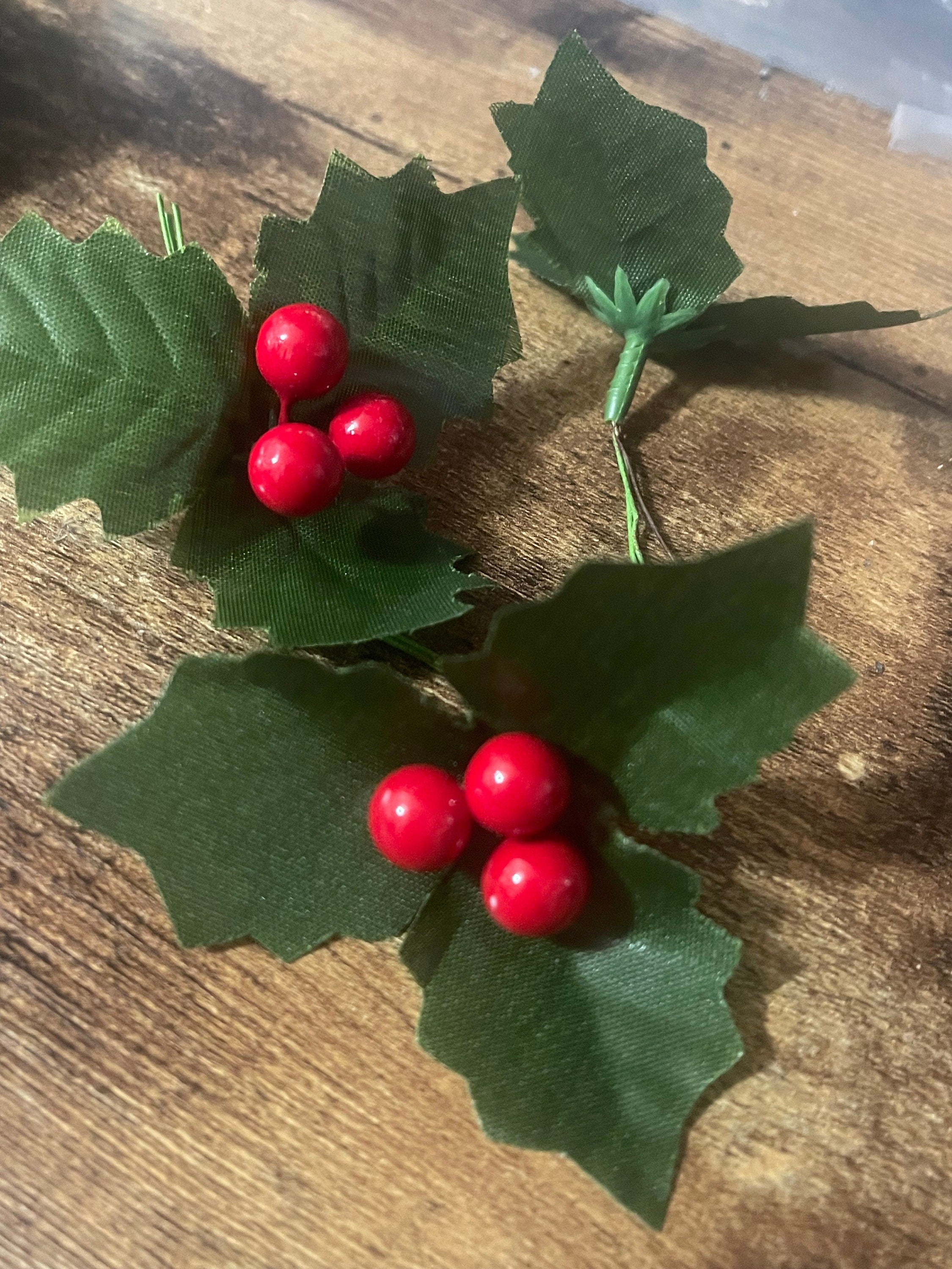 3 x New holly and berry cake toppers red green wired 9cm