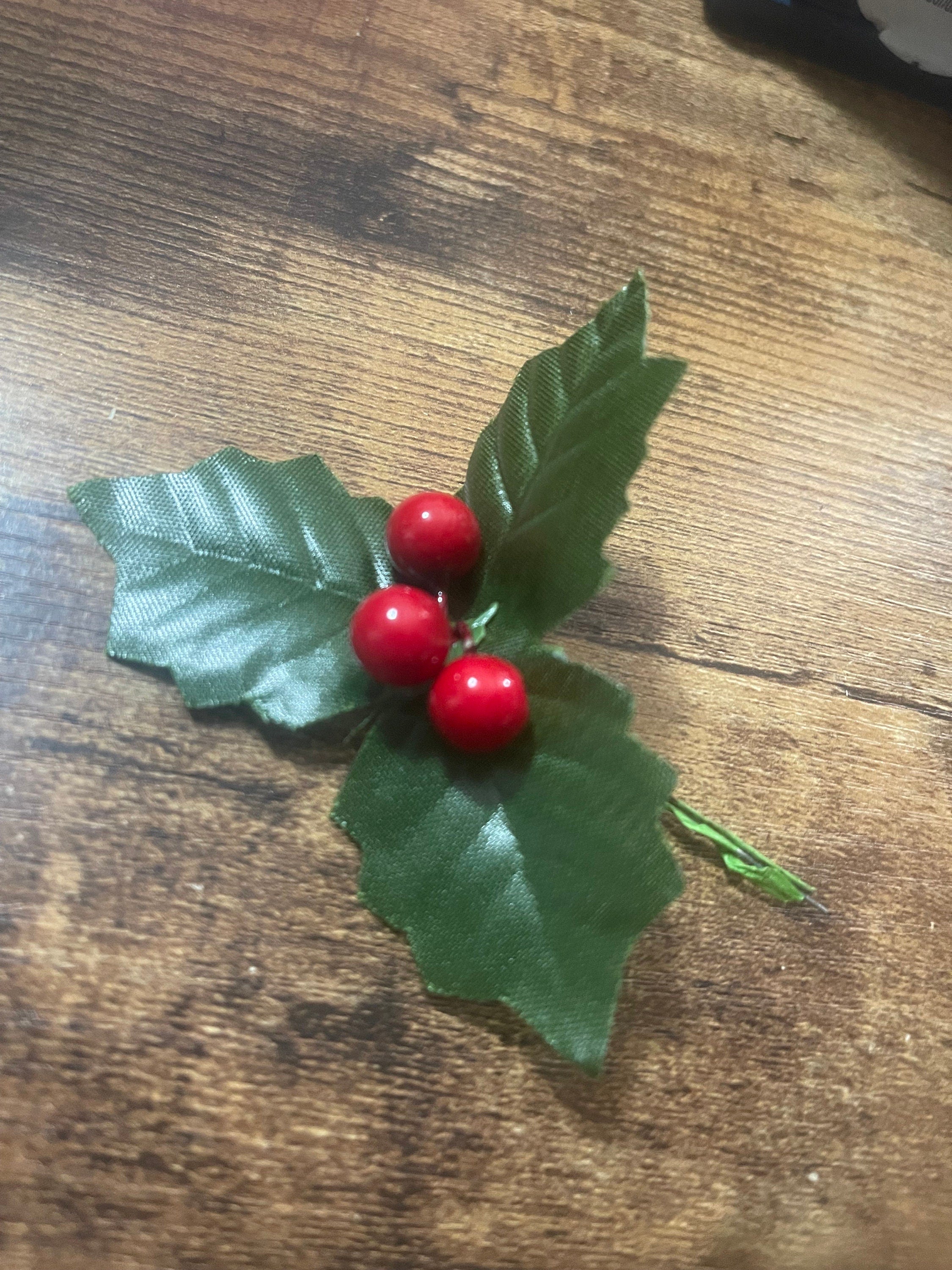 3 x New holly and berry cake toppers red green wired 9cm