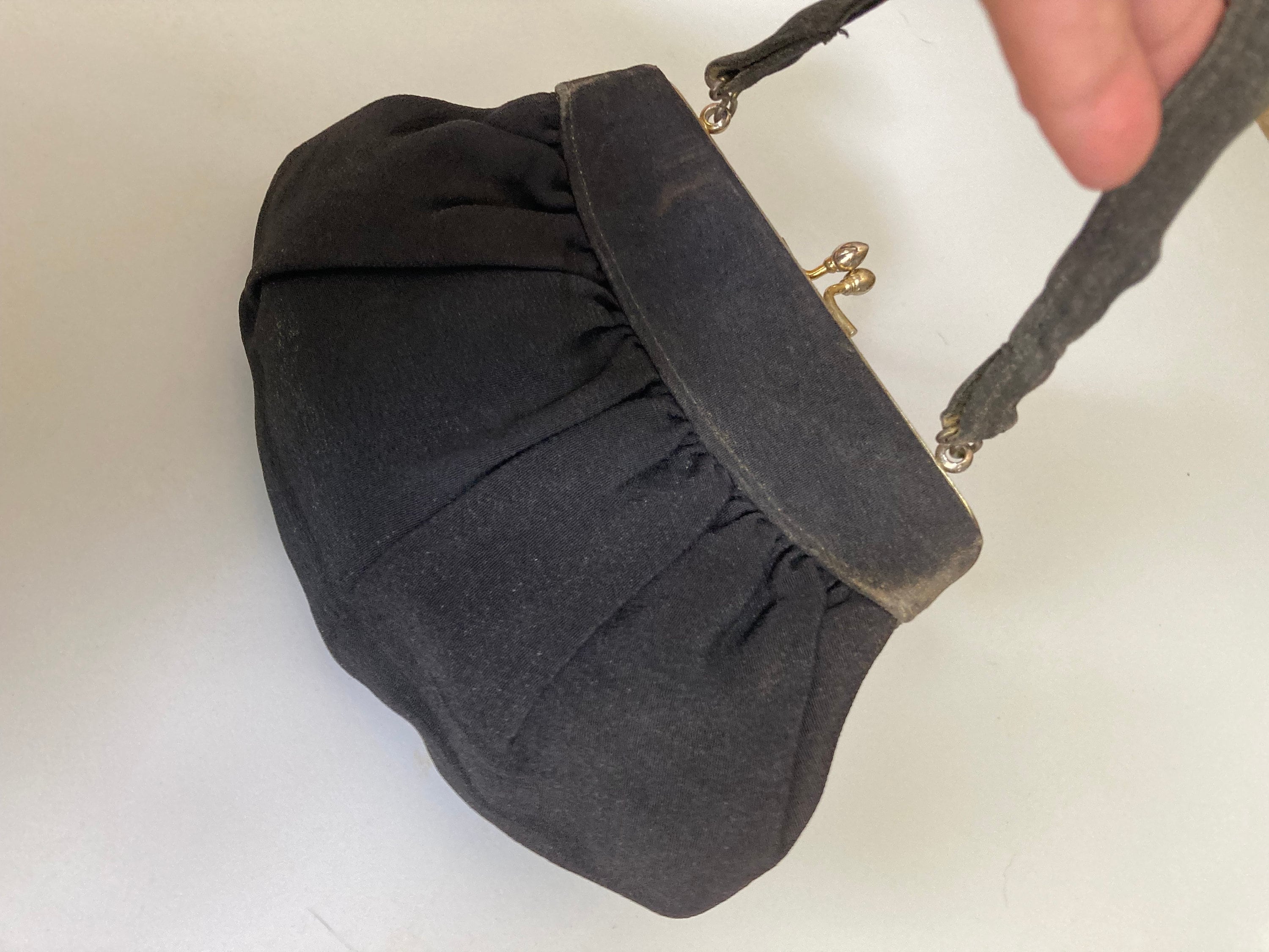 Vintage black crepe Evening Bag Purse with floral petit point embroidery mid century