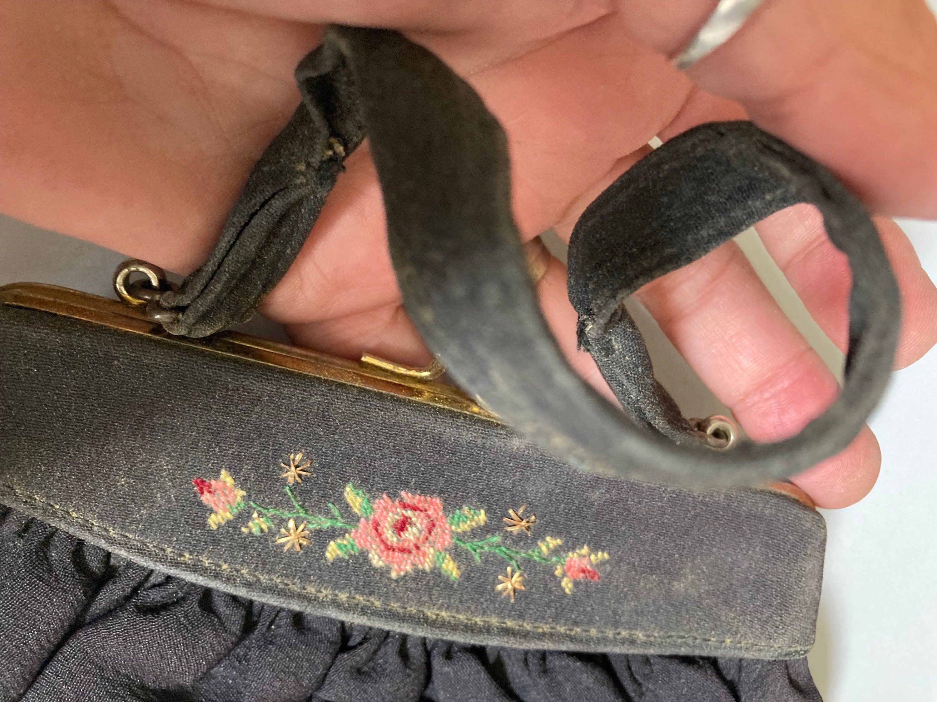 Vintage black crepe Evening Bag Purse with floral petit point embroidery mid century