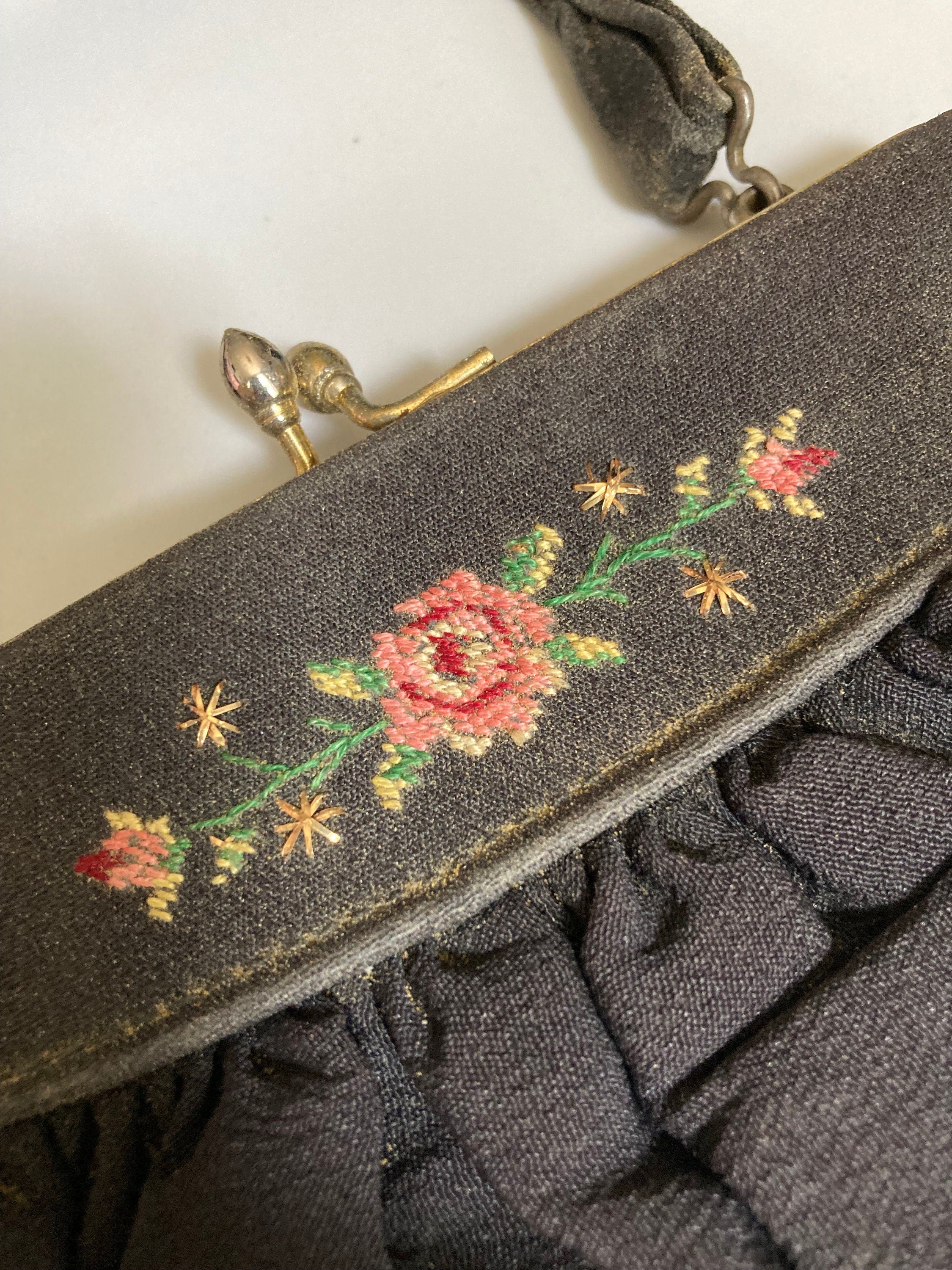 Vintage black crepe Evening Bag Purse with floral petit point embroidery mid century