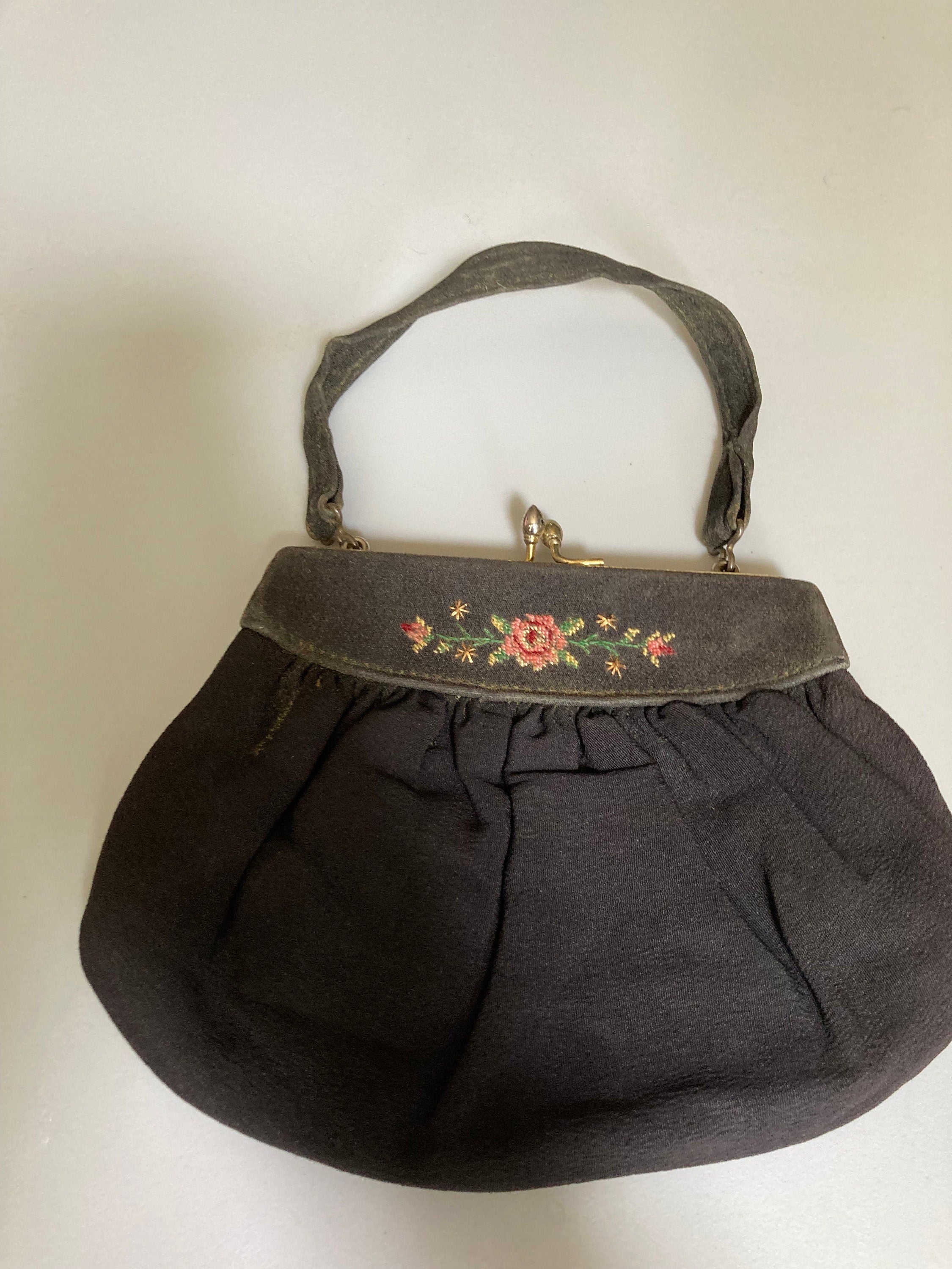 Vintage black crepe Evening Bag Purse with floral petit point embroidery mid century