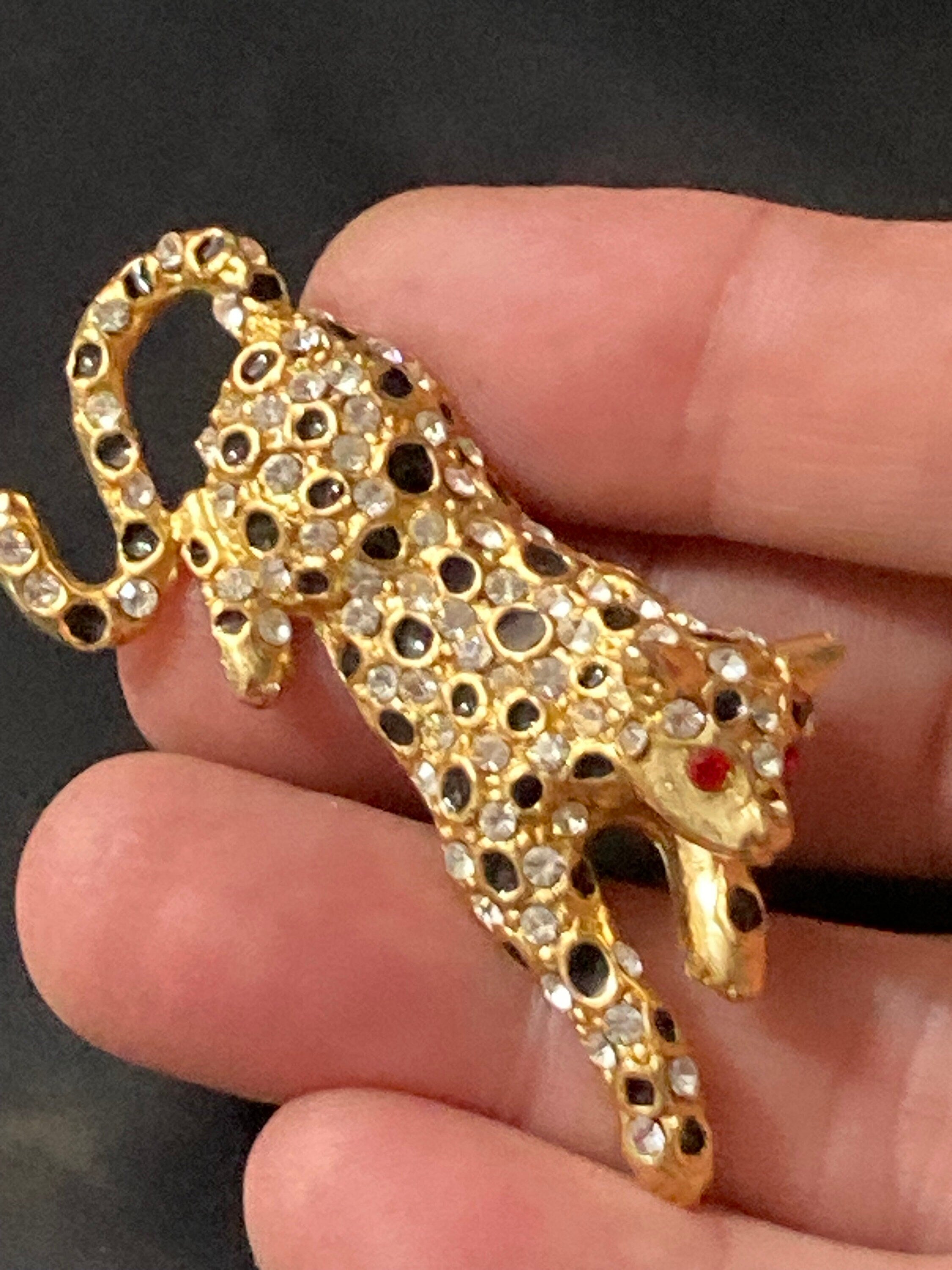 Black and White rhinestone Diamanté articulated Big Cat leopard brooch for coat
