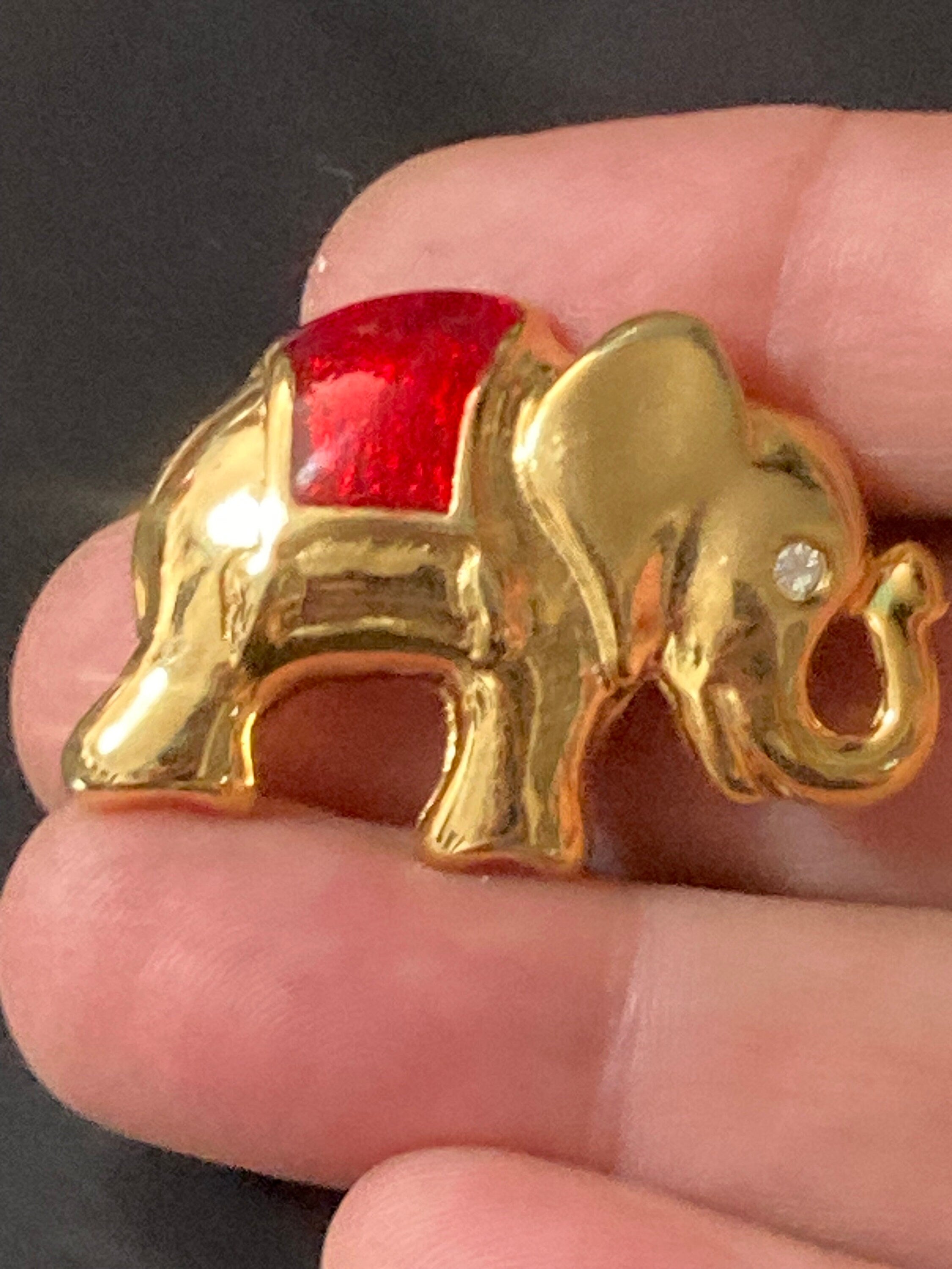 Red enamel Indian Elephant Brooch gold tone diamante rhinestone