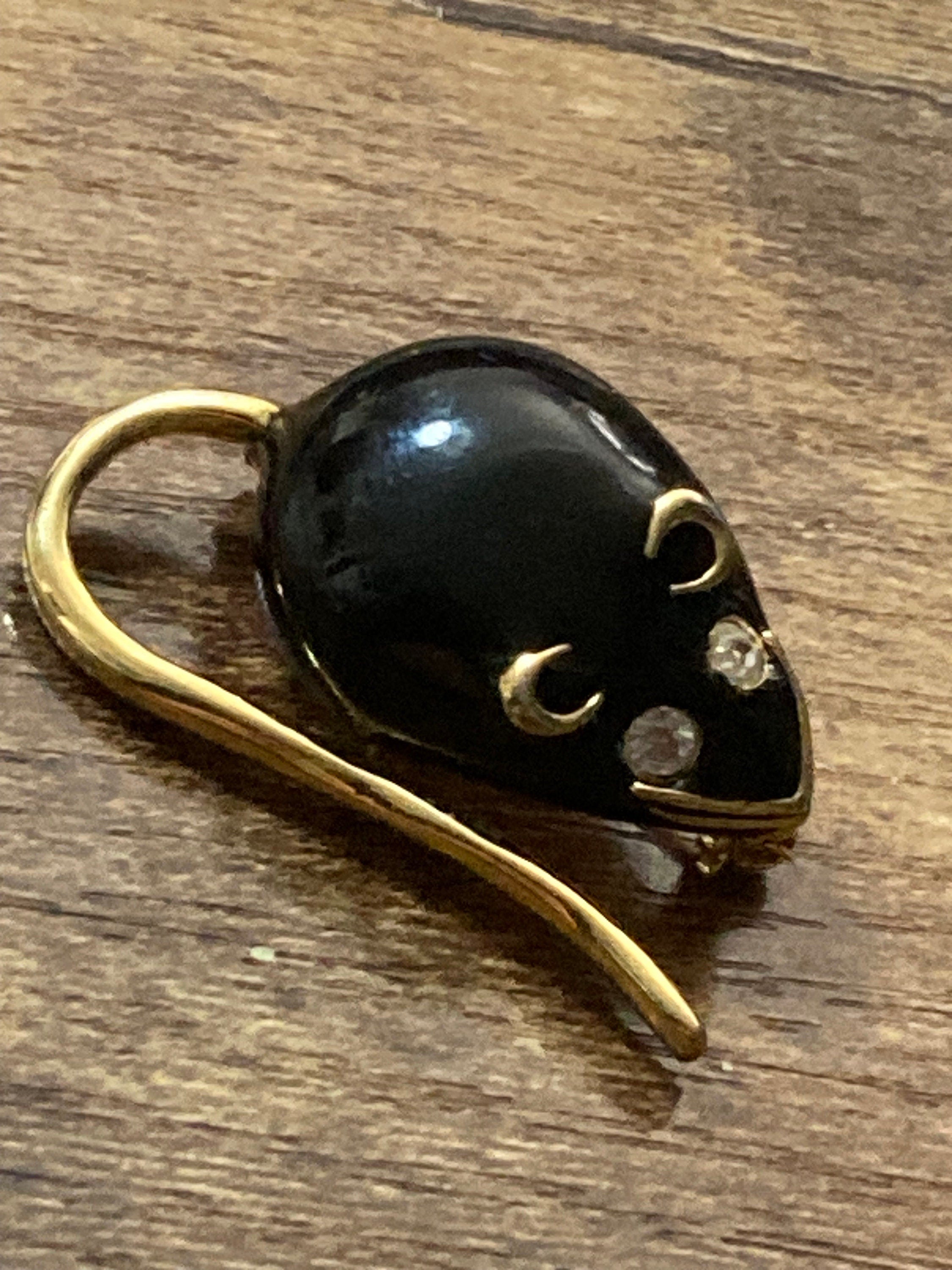 Retro black enamel and diamanté gold tone small mouse brooch