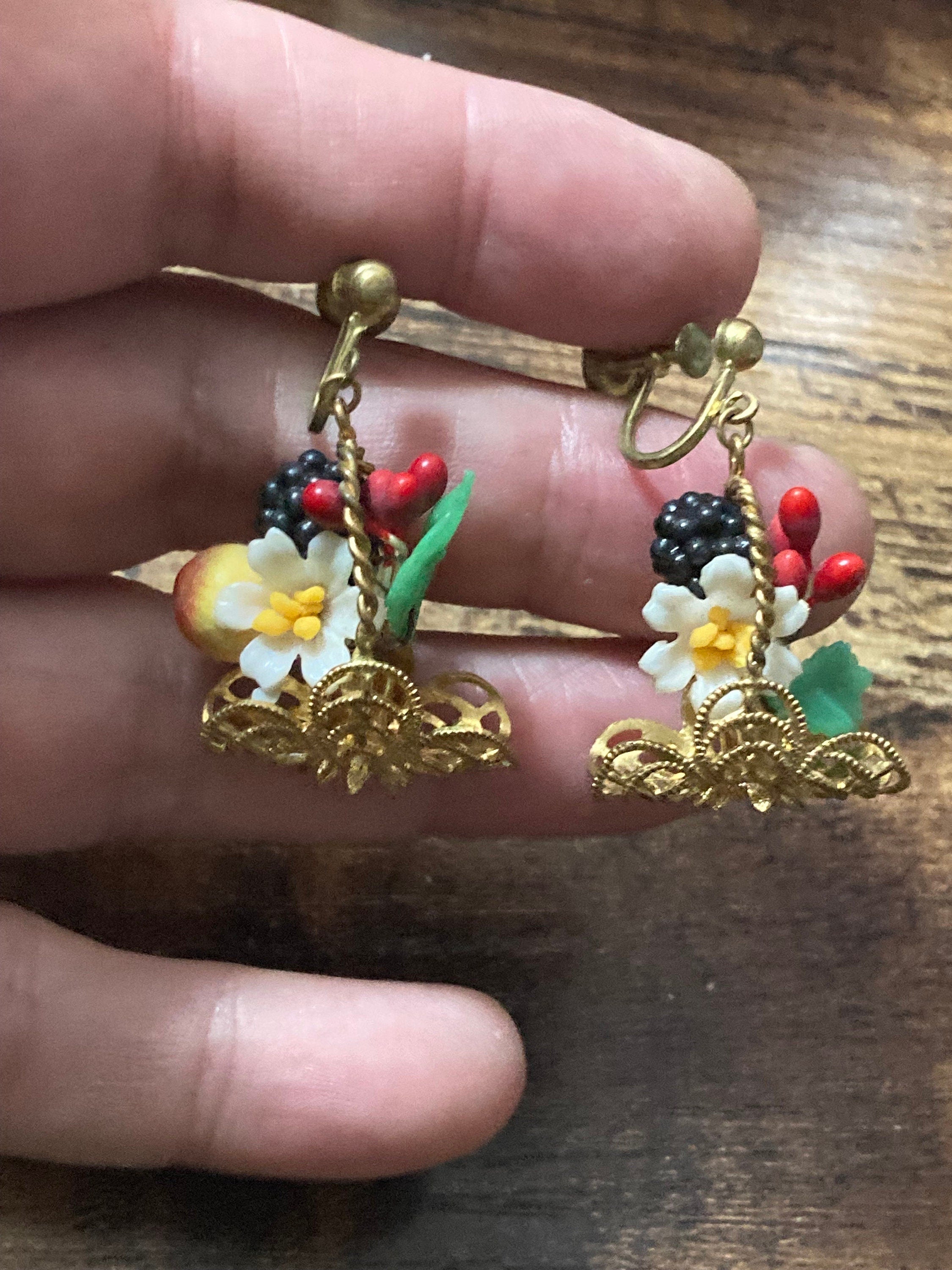 Antique vintage brass FRUIT Basket clip on drop earrings 1930s Art Deco