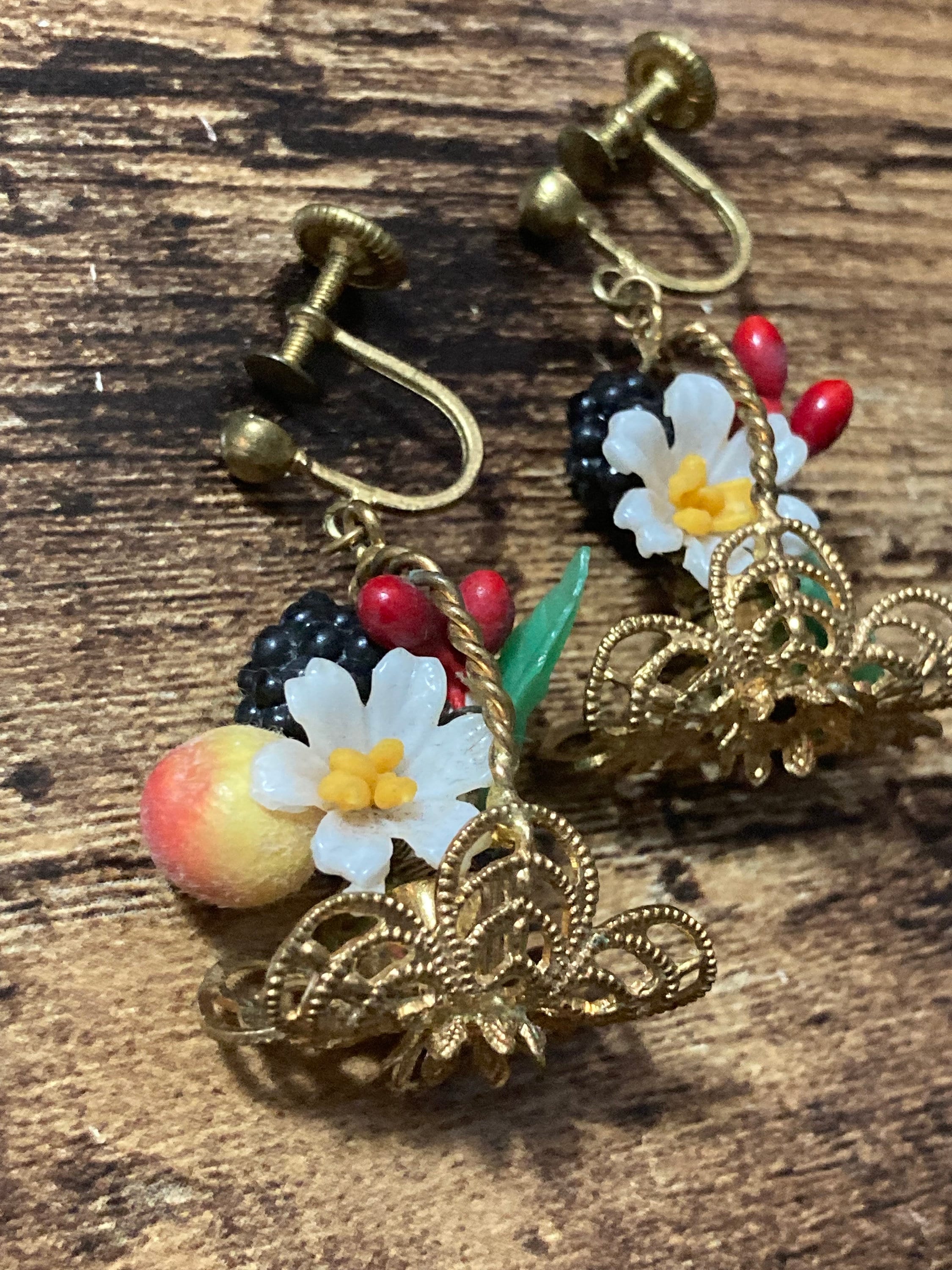 Antique vintage brass FRUIT Basket clip on drop earrings 1930s Art Deco