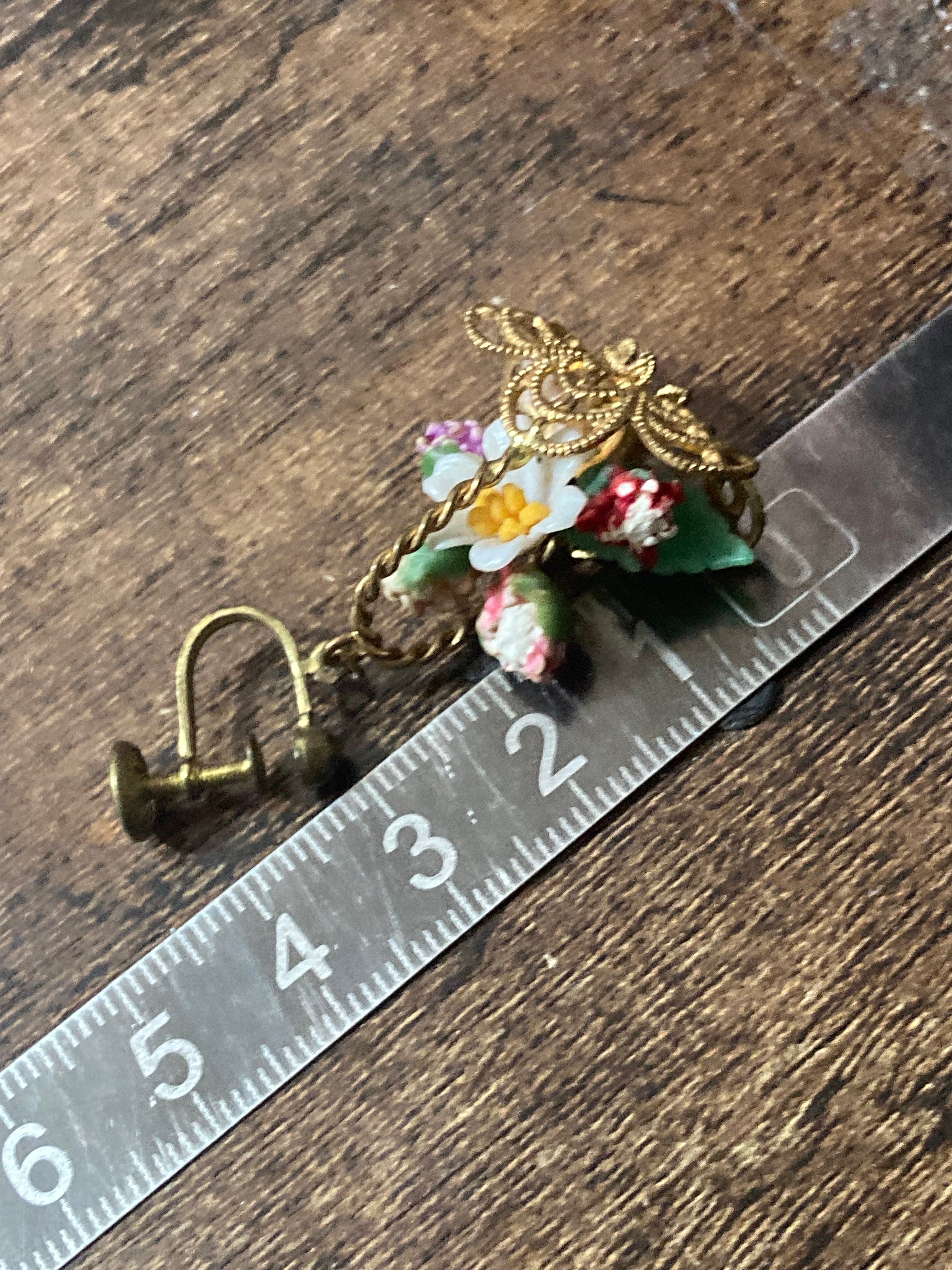 Antique vintage brass flower Basket clip on drop earrings 1930s Art Deco