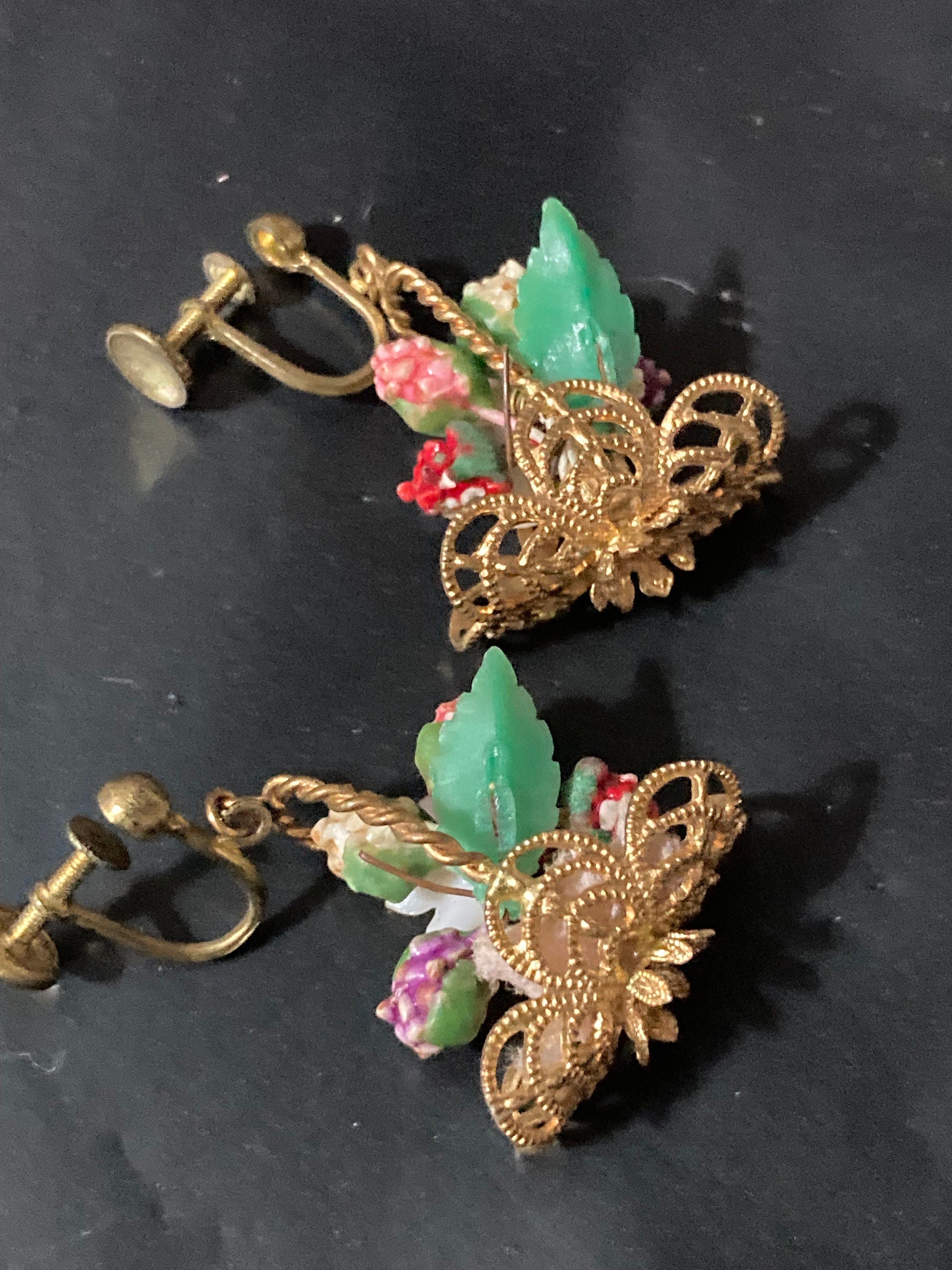 Antique vintage brass flower Basket clip on drop earrings 1930s Art Deco